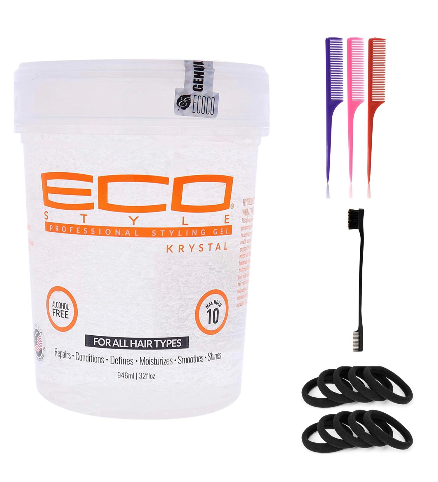 Professional Hair Styling Kit with Eco Style Krystal Shine Gel, Edge Control Brush, Rat Tail Comb Set, and Black Hair Ties - Buy Online on GoSupps.com