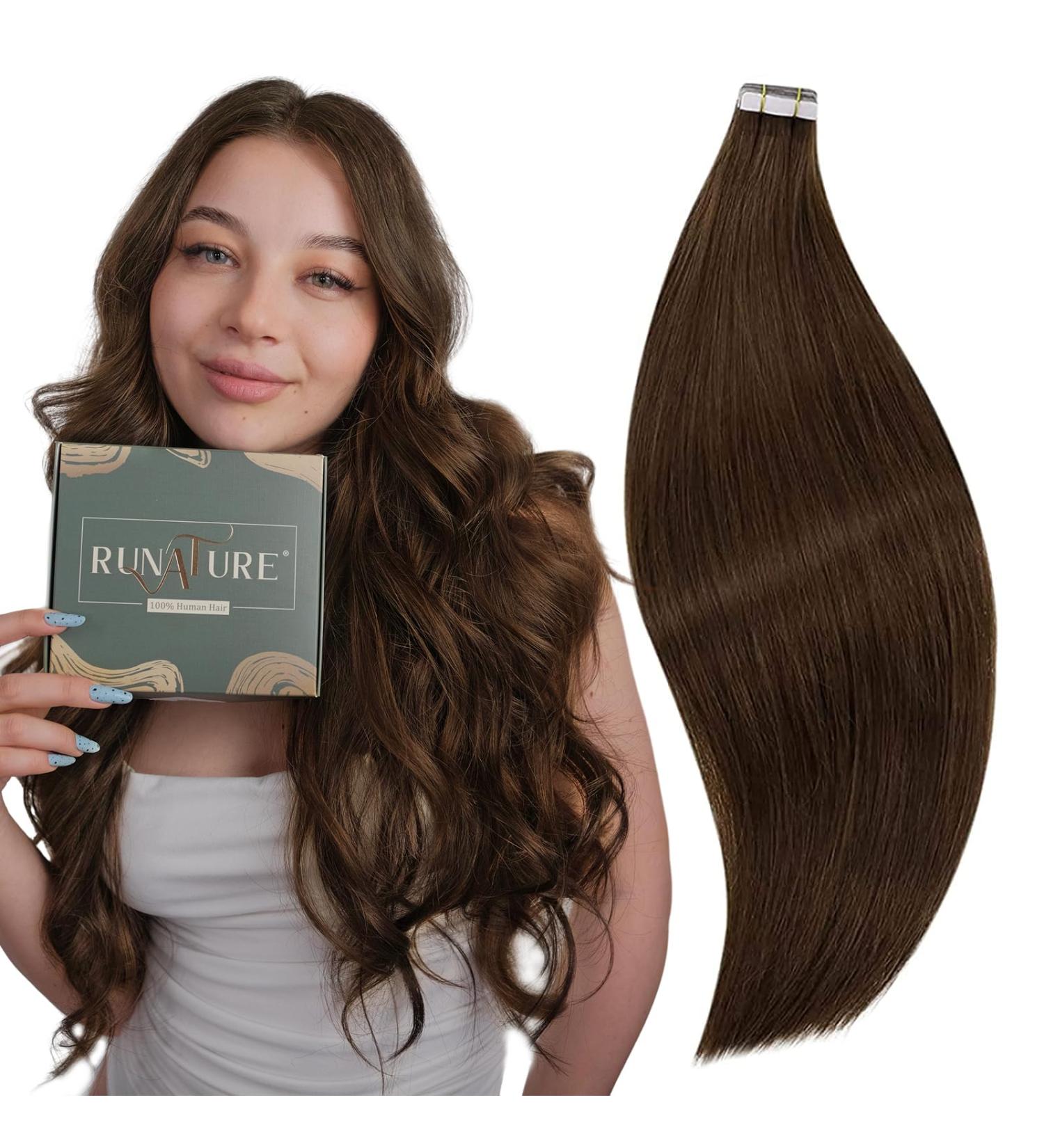 RUNATURE 16 Chocolate Brown Tape in Human Hair Extensions - Remy Straight Real Hair 50g, #4 - Buy Online on GoSupps.com
