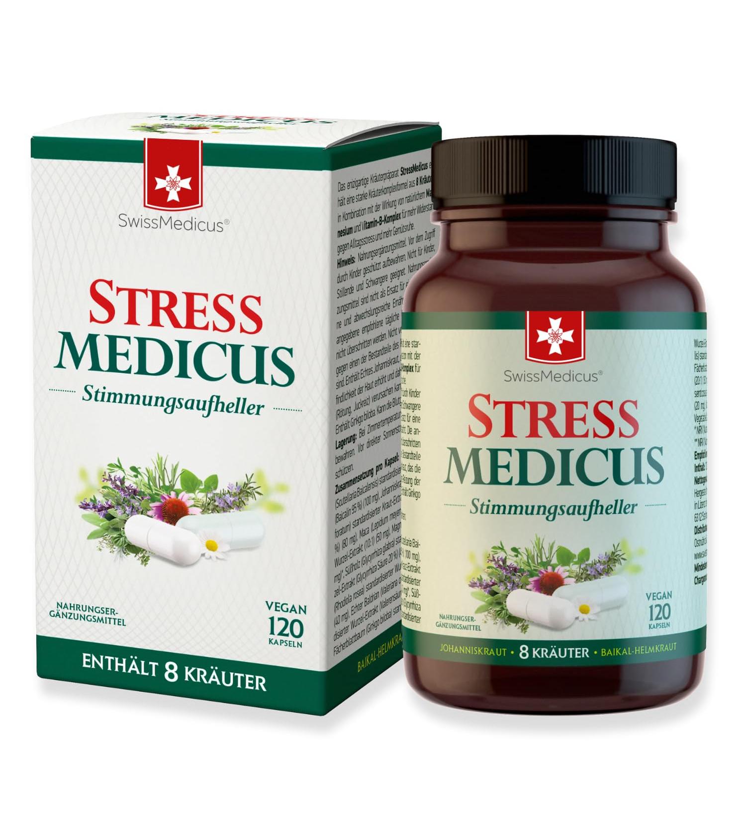 Swissmedicus Stress Medicus - Natural Herbal Supplement for Mood & Mental Health | 120 Vegan Capsules with St. John's Wort & Baikal Helmet Herb - Buy Online on GoSupps.com