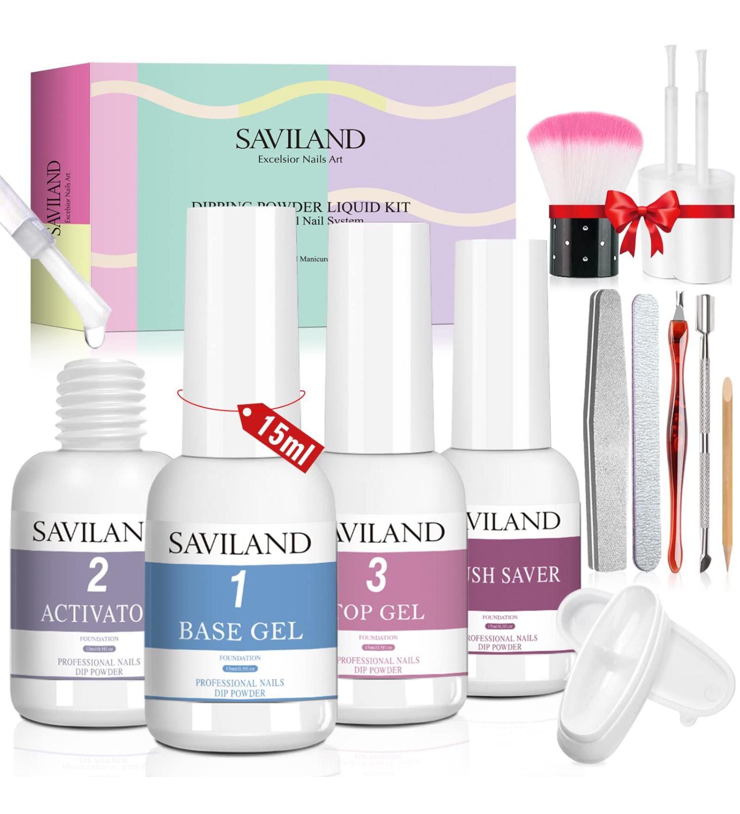 Saviland Dip Powder Liquid Set - Professional 15ml/0.5oz 4+9PCS Dip Nails Activator Base Top Coat Brush Saver - DIY Nail Art Salon, Quick Dry Formula - No Lamp Needed - Buy Online on GoSupps.com