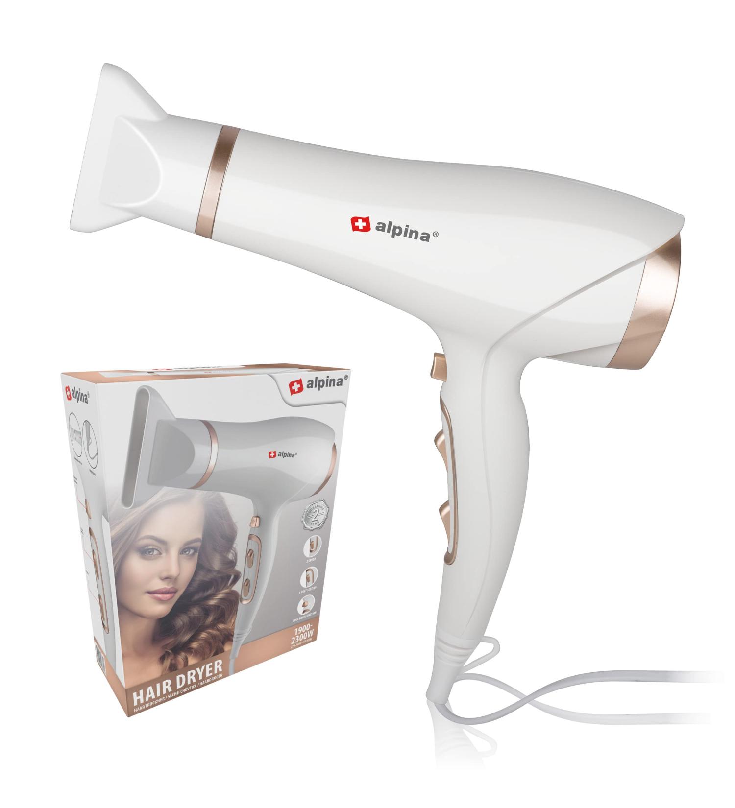 alpina Hair Dryer 19002300W Hairdryer with 3 Heat Settings Hair Dryer with Cool Shot Hair Dryer incl Extra Blow Nozzle and Hanging Loop WhiteRos  - Buy Online on GoSupps.com