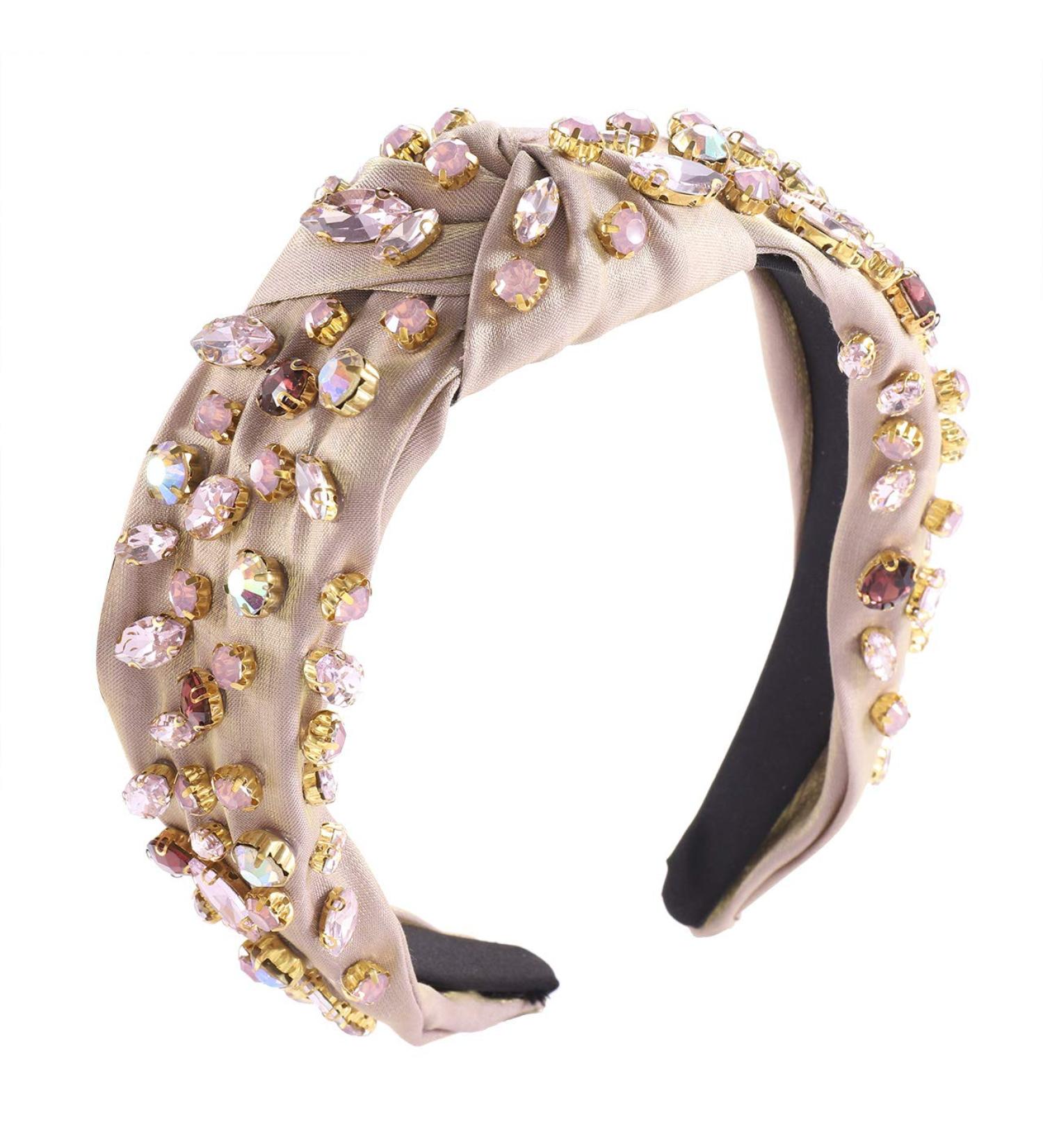 Crystal Velvet Cross Knotted Turban Headband with Colorful Rhinestones - Wide Hair Band Hoop for Women and Girls in Brown - Buy Online on GoSupps.com
