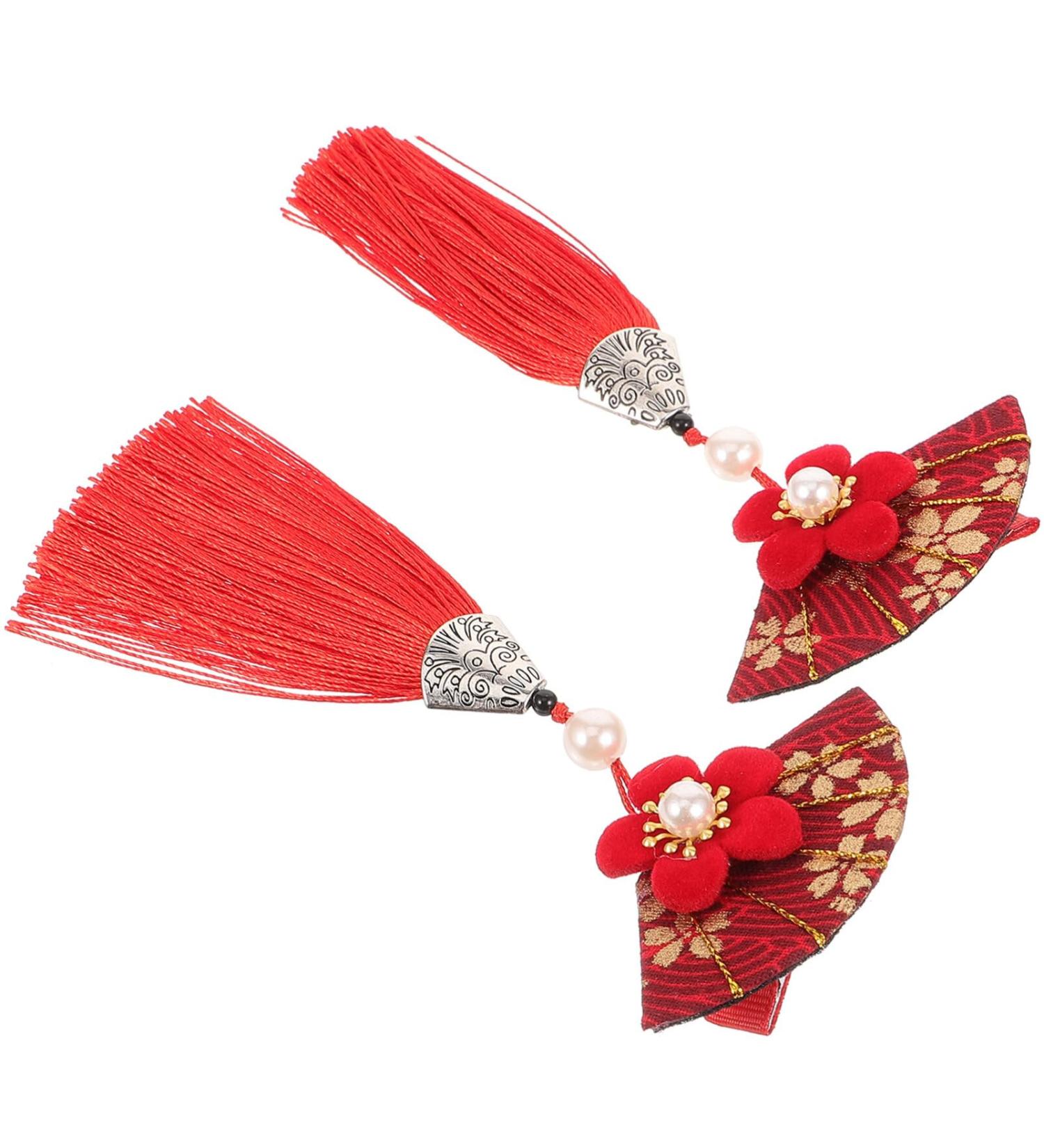 Gadpiparty 1 Pair Japanese Hair Clips Kimono Flower Hair Pins with Tassel Floral Fan Hair Barrette Hair Ornament for Women Girls Red - Buy Online on GoSupps.com