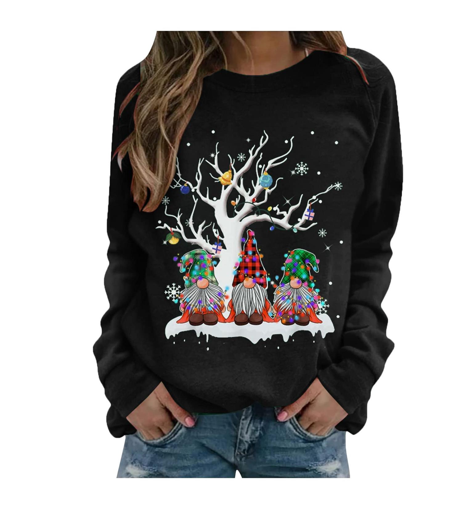 Women's Christmas Snowman & Penguin Print Sweatshirt - Black, Size M | Cozy O-Neck Raglan Top for Winter | Cute Holiday Jumper - Buy Online on GoSupps.com