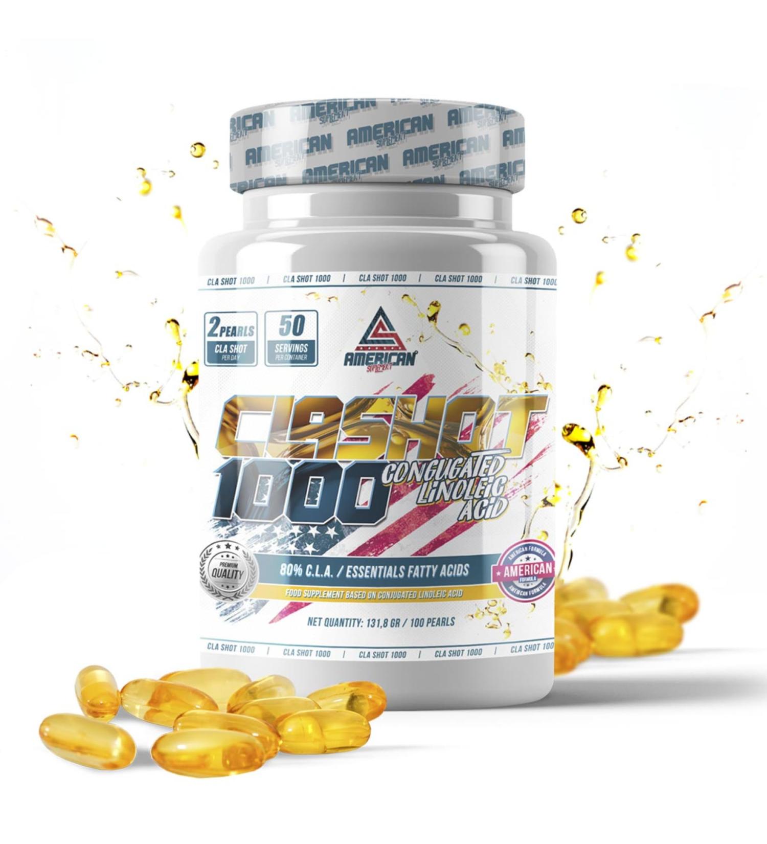 AS American Supplement - CLA Shot 1000mg - 100g - 100 capsules - Conjugated linoleic acid - Made from safflower oil - Promotes weight loss - Buy Online on GoSupps.com