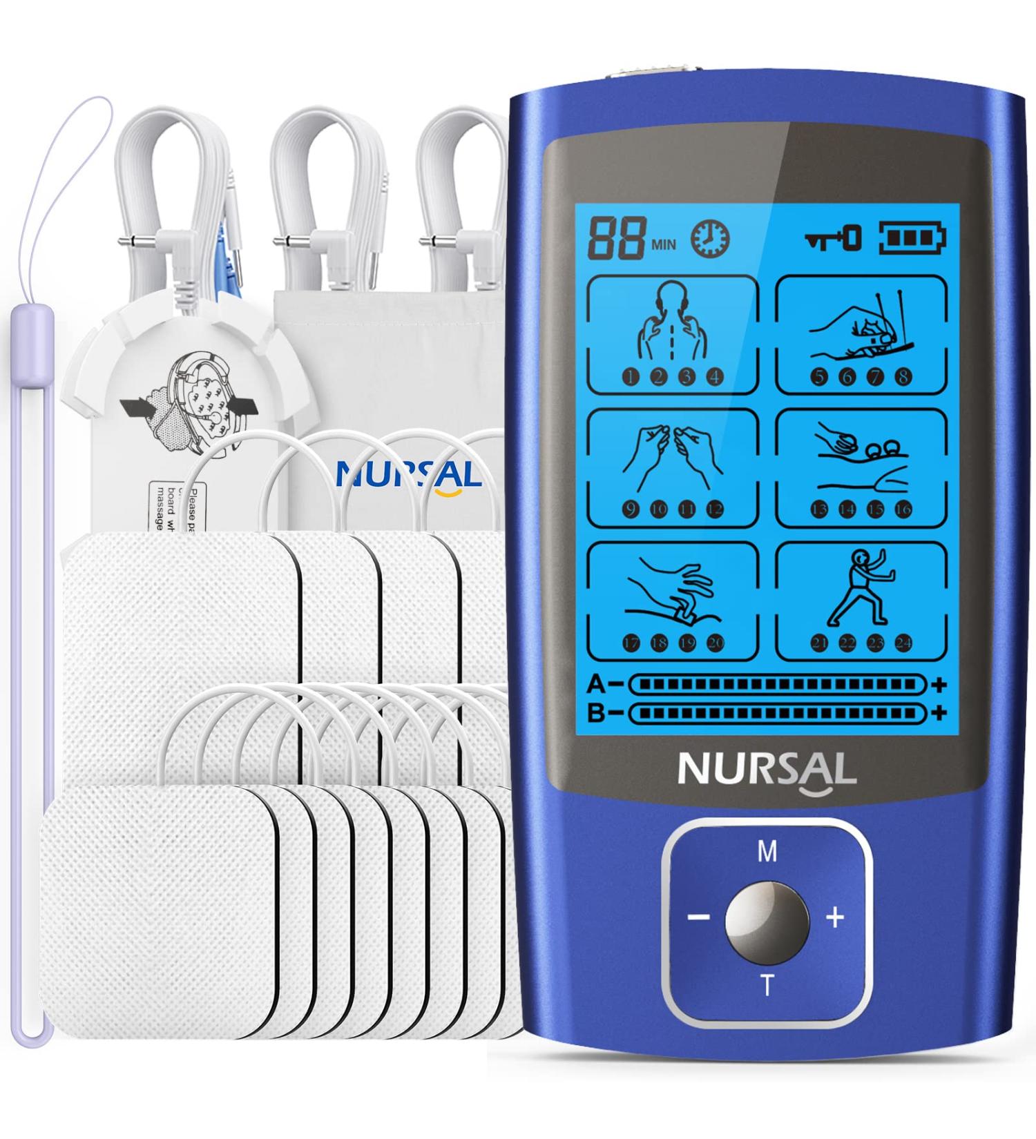 NURSAL TENS EMS Unit Muscle Stimulator for Pain Relief Therapy  Electric 24 Modes Dual Channel TENS Machine Pulse Massager with 12 Pcs Electrode Pads/Continuous Stable Mode/Memory Function Blue - Buy Online on GoSupps.com