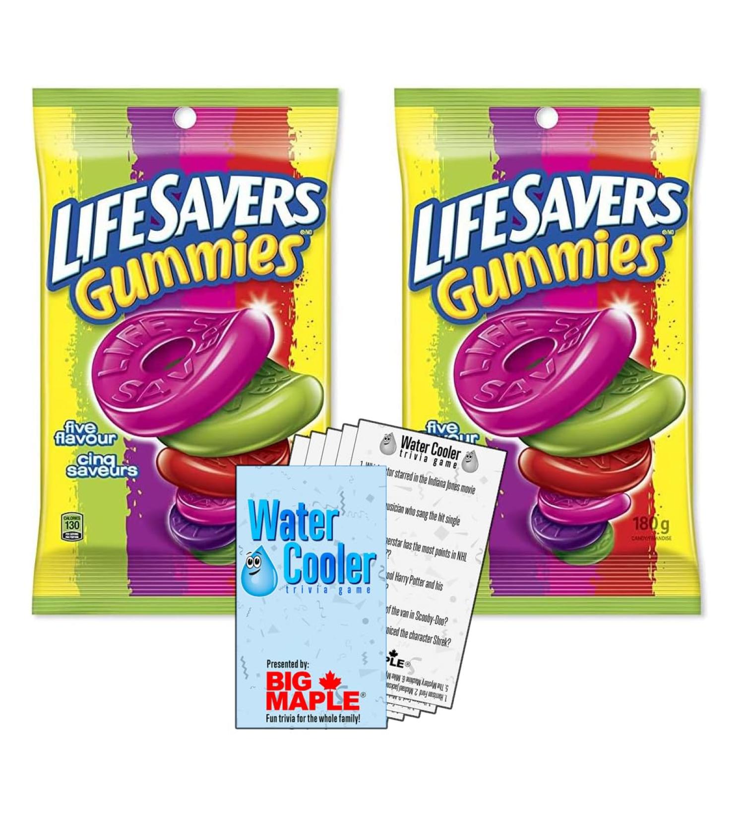Five Flavour Gummy Candy Bundle. Includes (2) Packages of 5 Fruit Flavour Gummy Candy (180g per package) with Water Cooler Trivia Game by BIG MAPLE . Tasty treat for School Students Office Movie Night Snack - Buy Online on GoSupps.com
