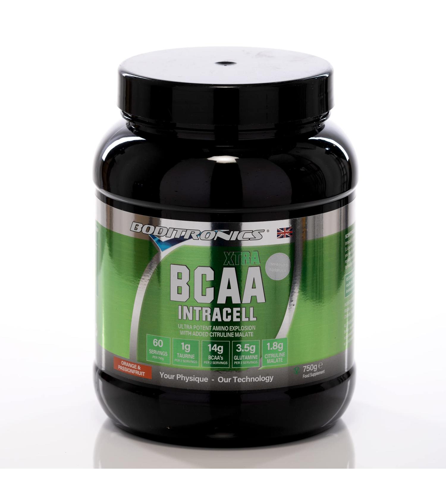 Boditronics BCAA Intracell Xtra Intra Workout Protein Powder Branched Chain Amino Acid Supplement with Vitamin B6 & B3Amino Energy Drink Powder (Orange Passionfruit 750g) Orange and Passionfruit 750g - Buy Online on GoSupps.com