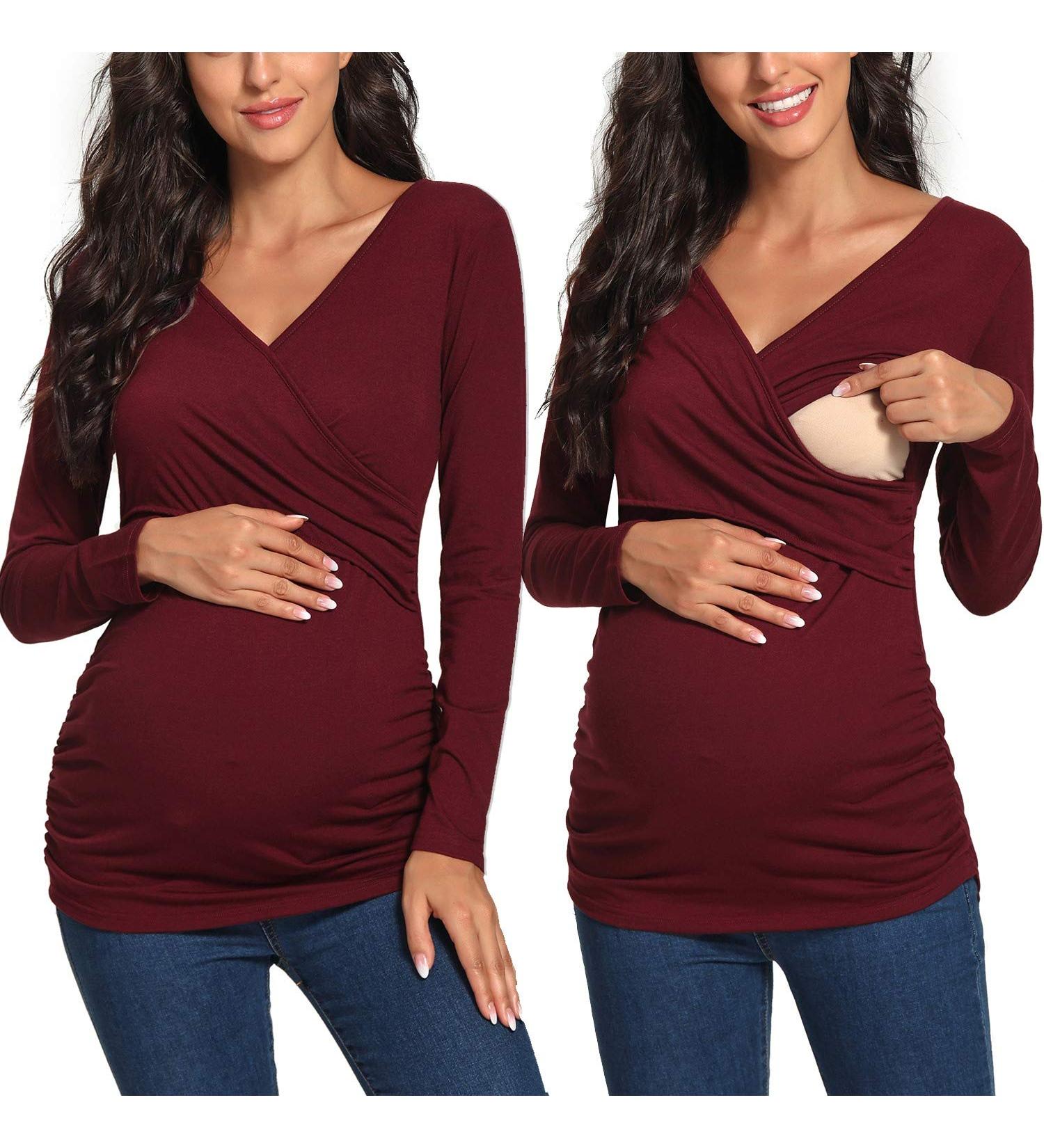 Love2Mi Maternity Nursing Shirt - Short Sleeve V-Neck Breastfeeding T-Shirt XL Weinred - Buy Online on GoSupps.com
