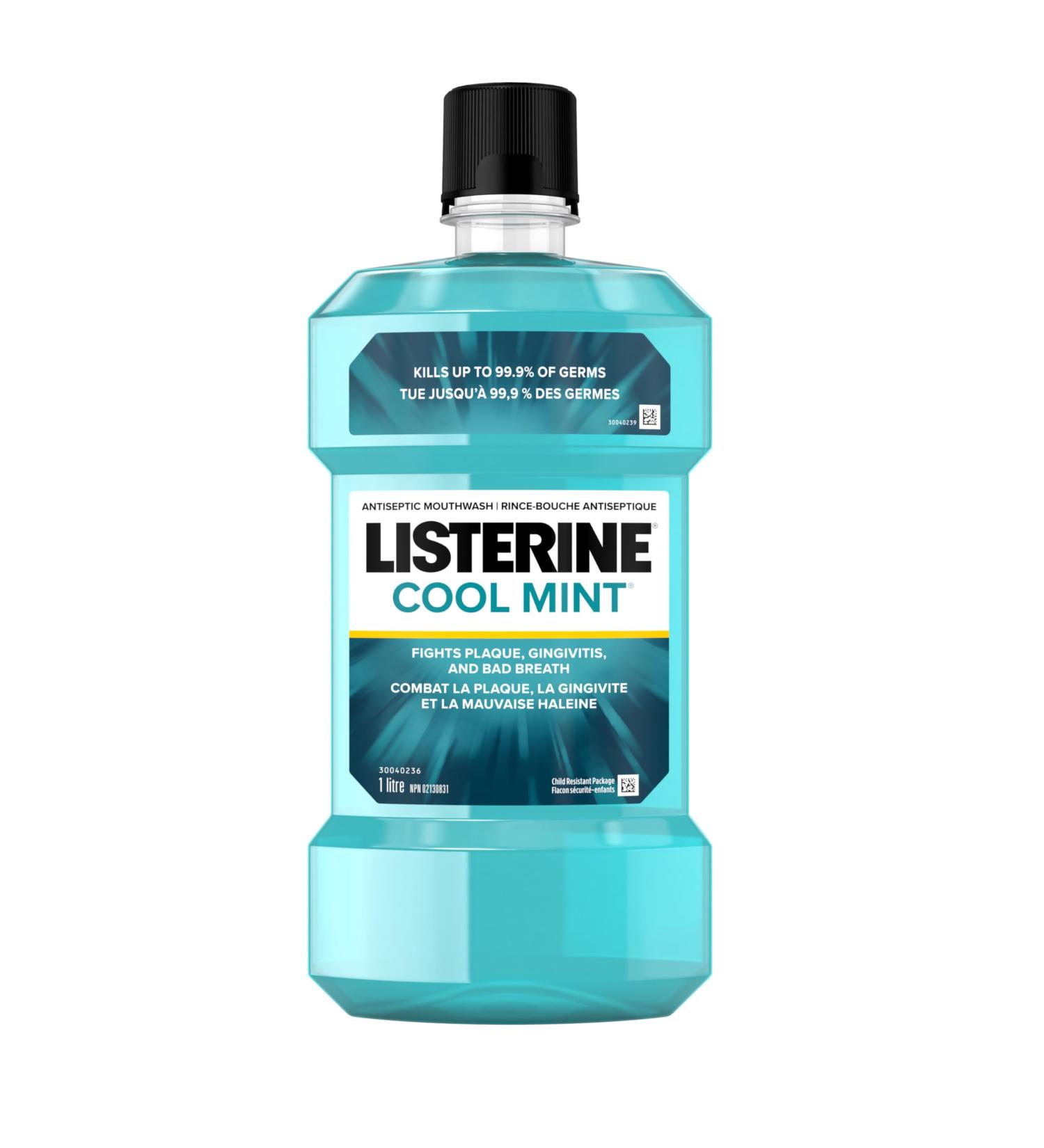 Listerine Cool Mint Antiseptic Mouthwash Essential Oils Menthol Thymol Eucalpytol - Plaque Bad Breath Gingivitis 1L Mouthwash Cool Mint - Buy Online on GoSupps.com