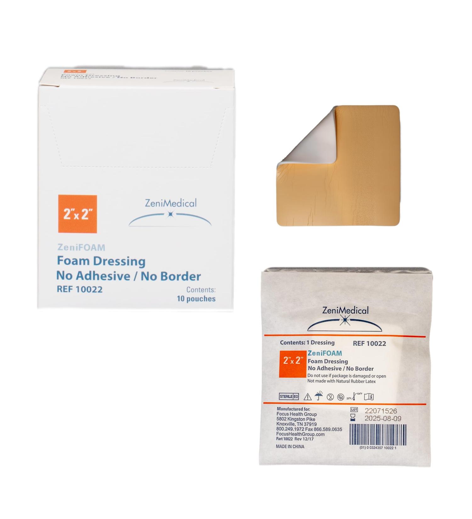 ZeniFOAM 2x2 Polyurethane Foam Dressing - Sterile Highly Absorbent Non-Stick Latex-Free 10pcs/Box for Heavy Wound Drainage - Buy Online on GoSupps.com