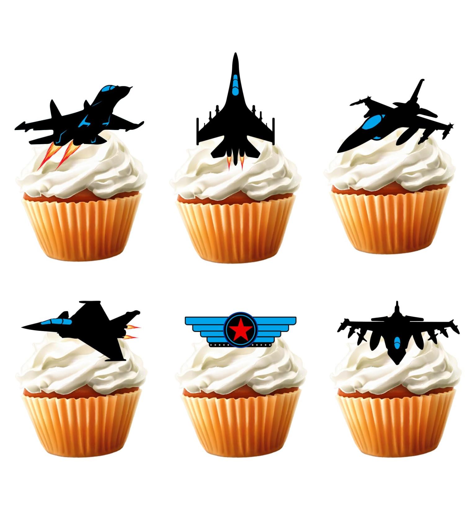 18pcs Military Airplane Cupcake Toppers Fighter Jet Party Supplies for Men Boy Air Force Party Decorations Black Blue Glitter Travel Theme Cool Plane Aircraft Cake Decor - Buy Online on GoSupps.com