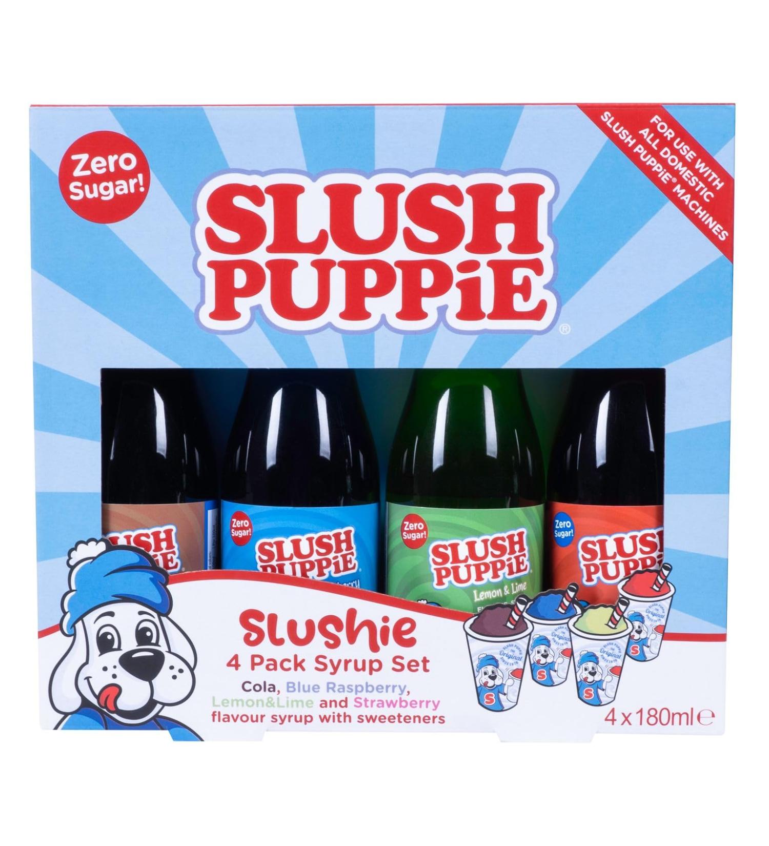 SLUSH PUPPiE ZERO 4-Pack Syrup Set. Includes Cola Blue Raspberry Lemon & Lime & Strawberry Flavours. Zero Sugar Slush Puppy Syrup Gift Set. 4 x 180ml. Official SLUSH PUPPiE Merchandise. - Buy Online on GoSupps.com