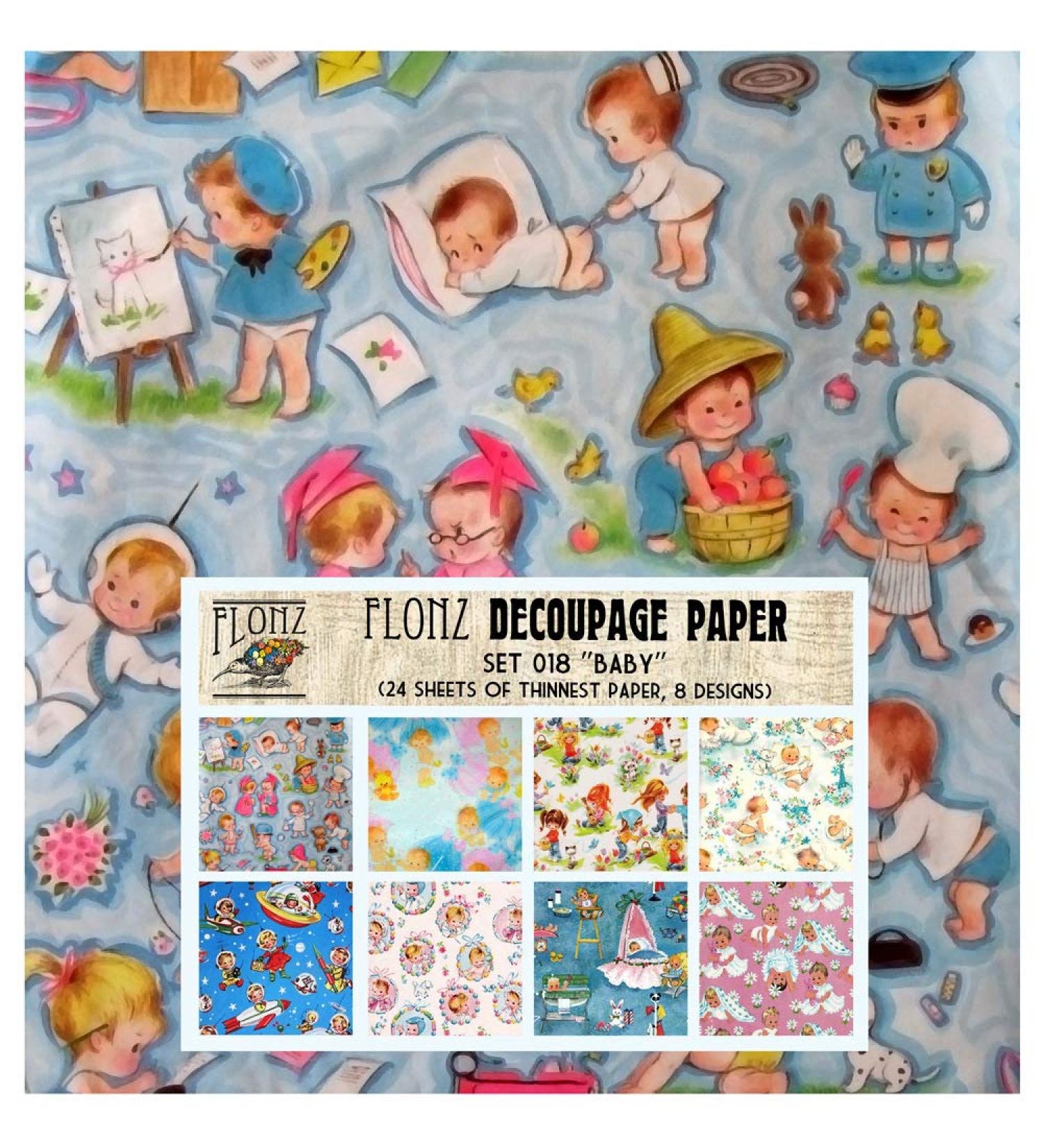 Decoupage Paper Pack (24 Sheets 6"x6") Baby Newborn FLONZ Vintage Styled Paper for Decoupage and Craft One