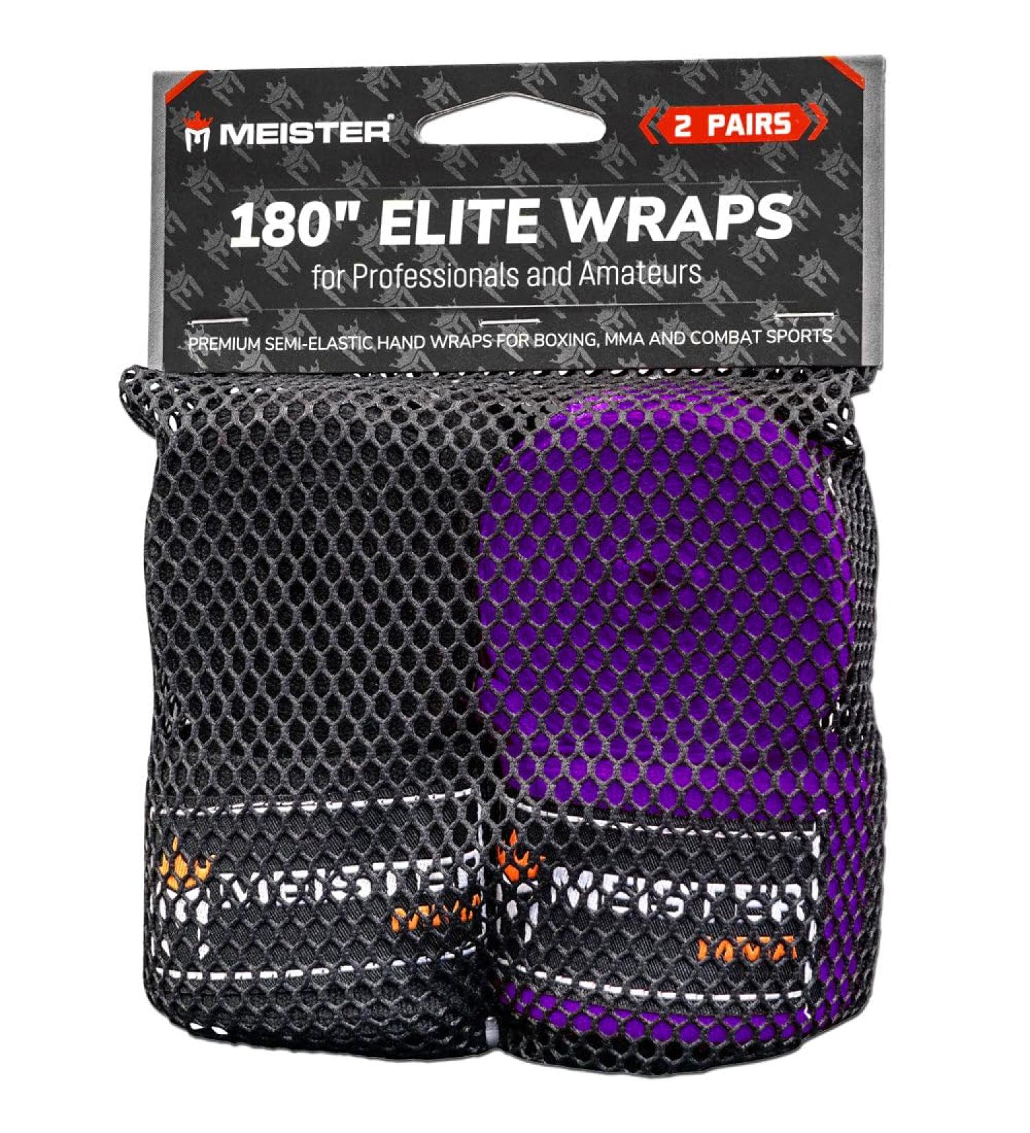 Meister Elite Premium Adult Hand Wraps 180 for MMA & Boxing - 2 Pairs with Mesh Bag - Black & Royal Purple - Buy Online on GoSupps.com