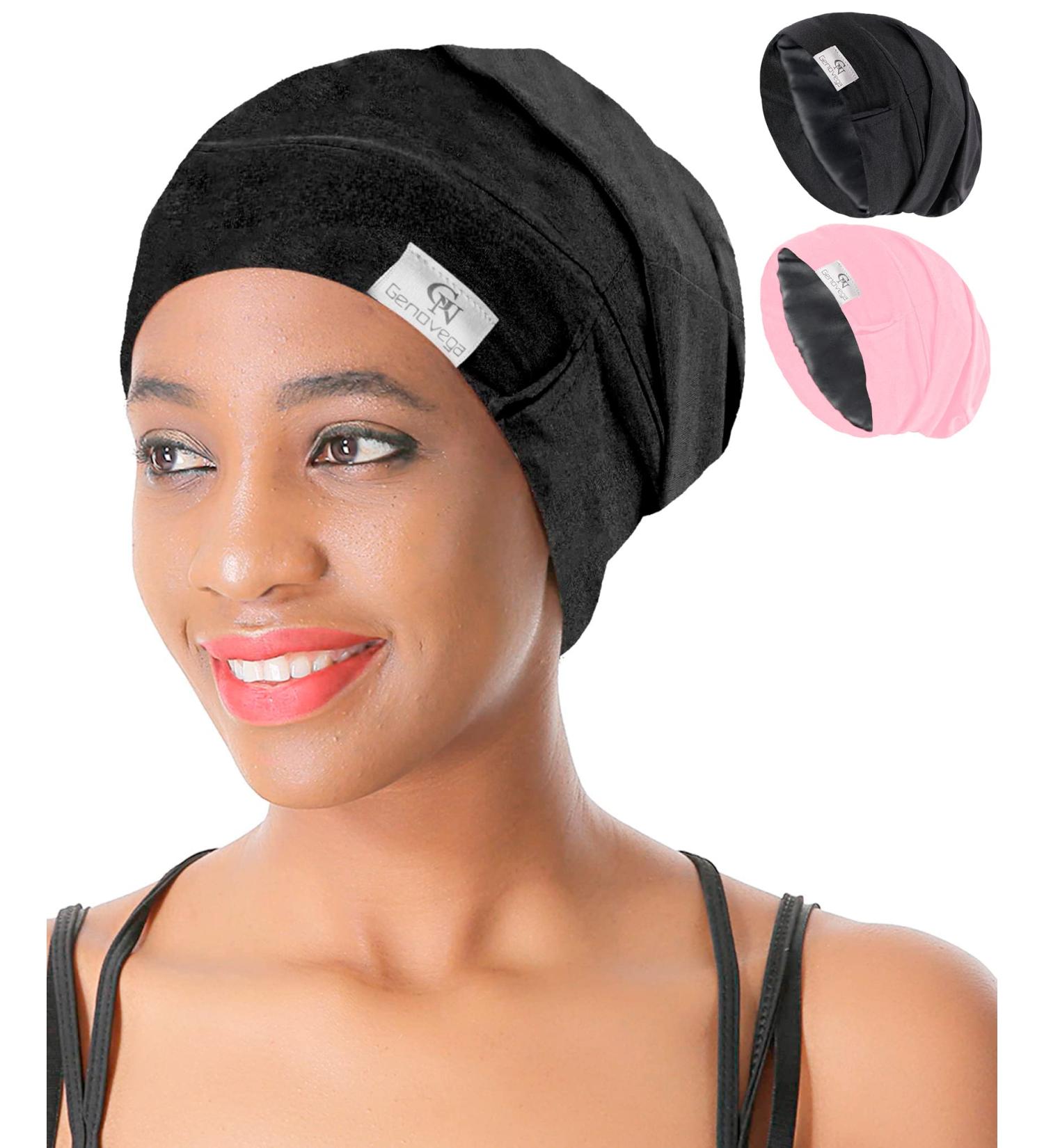 Silk Lined Slouchy Bonnet Sleep Cap for Women - Stay On Beanie Hat for Night Sleeping - Black Pink - Buy Online on GoSupps.com