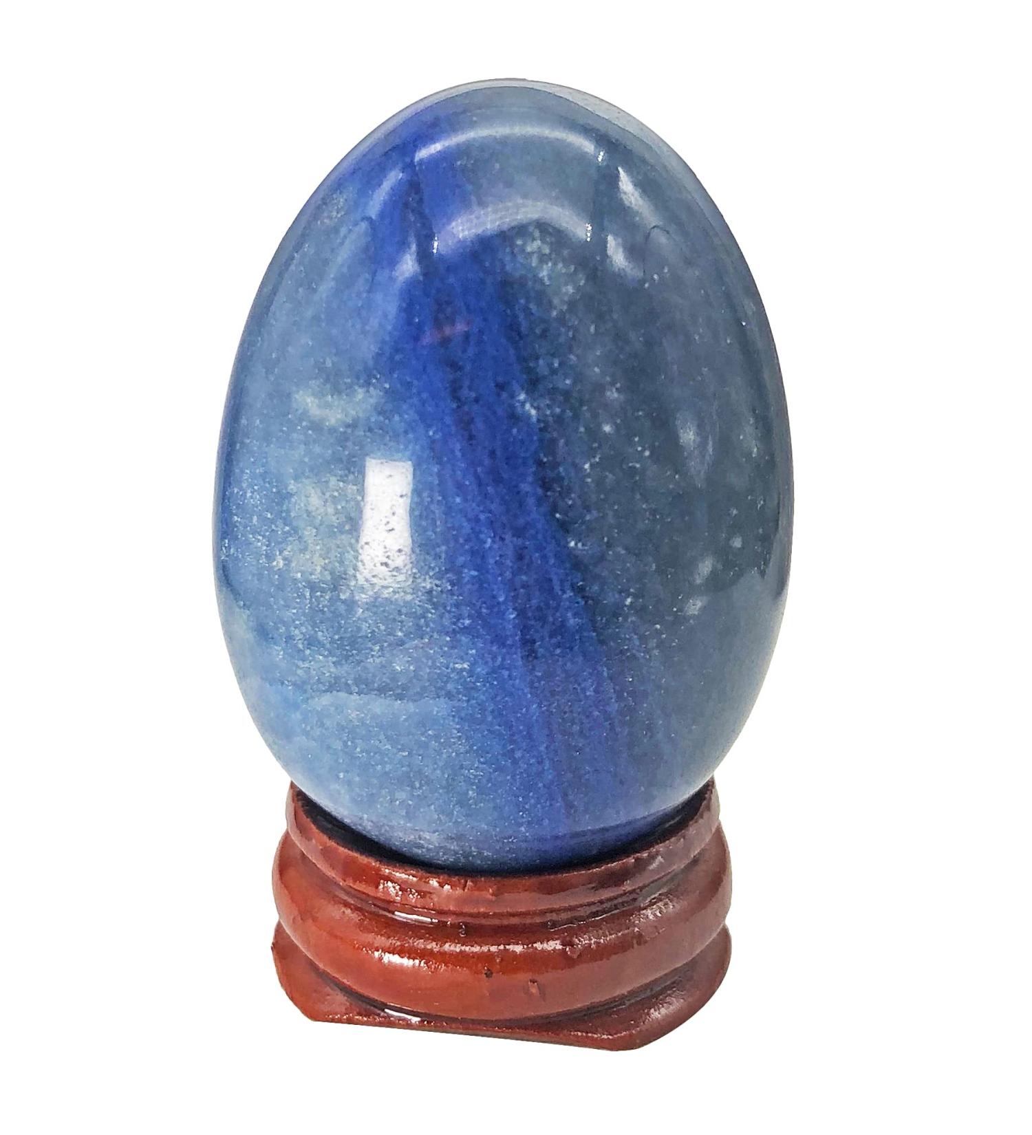 Ladeukoi Stone Egg Figurines Polished Healing Crystal Easter Eggs Ball Sculpture with Wooden Stand 45mm Tall Blue Aventurine