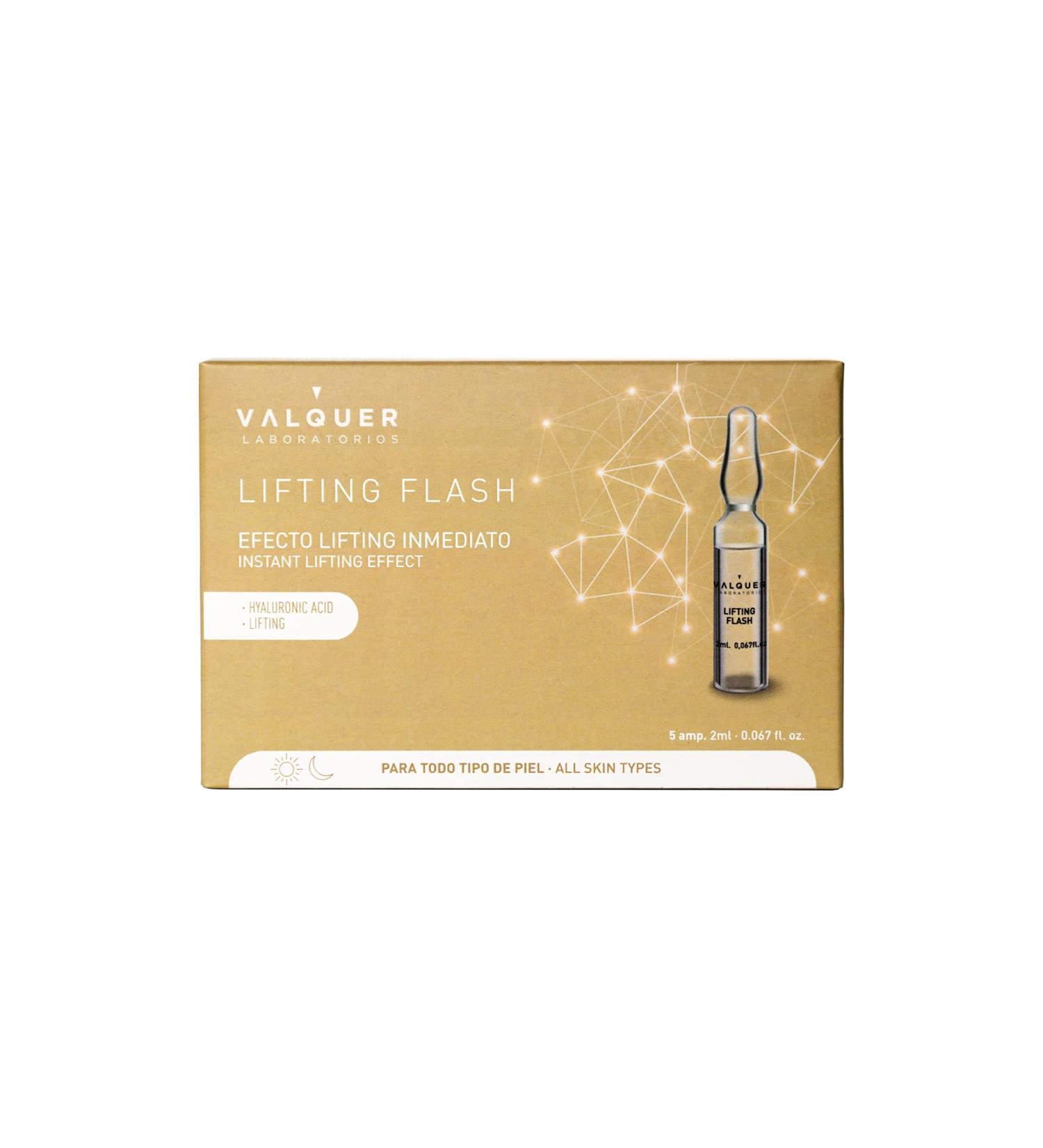 Flash Lifting Facial Ampoules by Valquer Laboratorios. Facial Serum. Immediate lifting effect. All skin types. With hyaluronic acid. Anti-wrinkle - 5 Units X 2 Ml - Buy Online on GoSupps.com