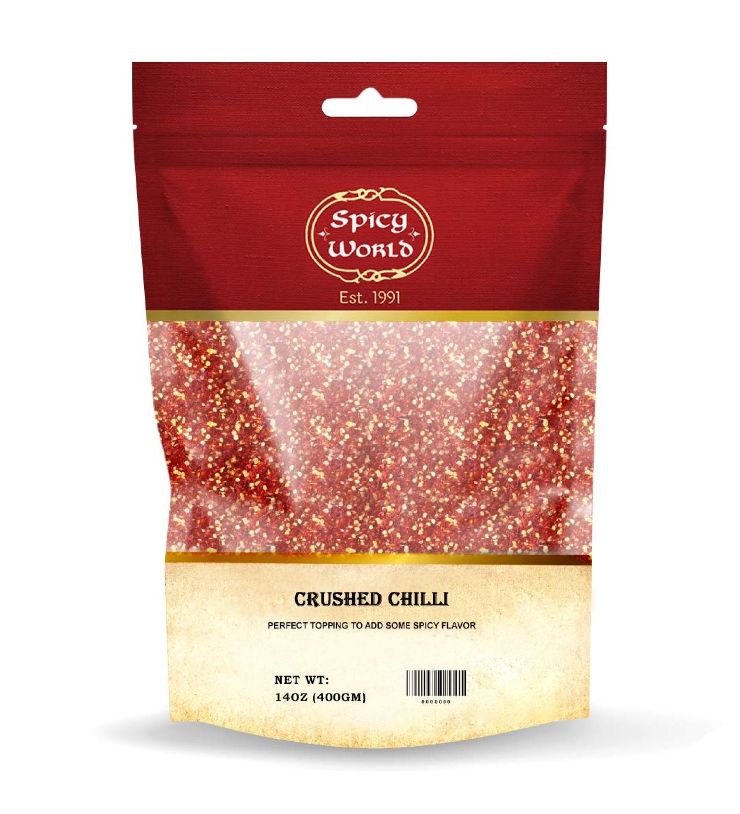 Spicy World Crushed Red Pepper Flakes (Pizza Type Cut) 14oz (400g) All Natural No Colors | Vegan | No Salt or fillers