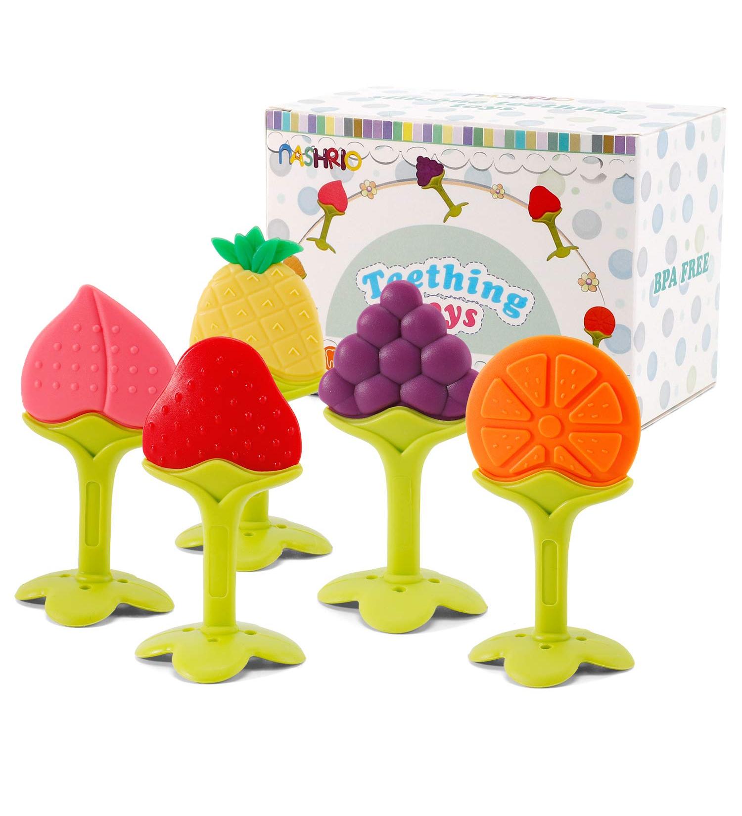 NASHRIO Baby Teething Toys Pack of 5 - BPA Free Silicone Teethers for Newborns - Natural, Organic, and Freezer Safe - Perfect Baby Shower Gift - Buy Online on GoSupps.com