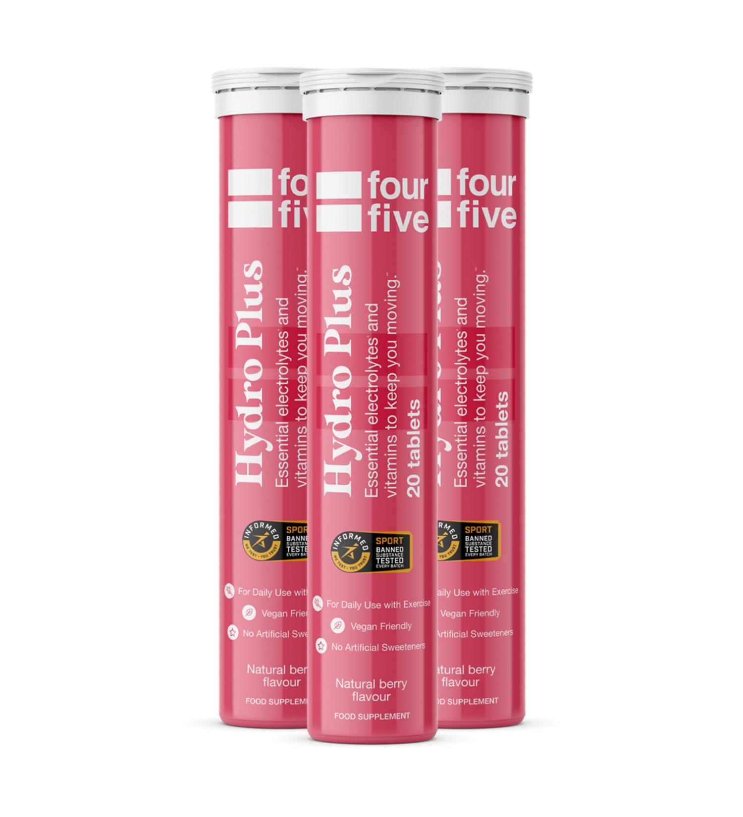 fourfive Hydrate Electrolytes - Essential Electrolytes & Vitamins with Magnesium & Calcium for Sports Hydration Vegan & Low Calorie Berry Flavour (60 Effervescent Tablets) Berry 20 count (Pack of 3) - Buy Online on GoSupps.com