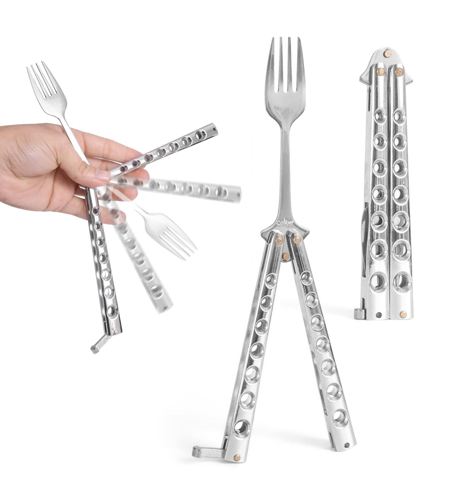 Caliber Gourmet Tactical Butterfly Knife Spoon - Stainless Steel Folding Switchblade for Camping, Hiking, Kitchen BBQ Grill - Fork Utensil - Buy Online on GoSupps.com