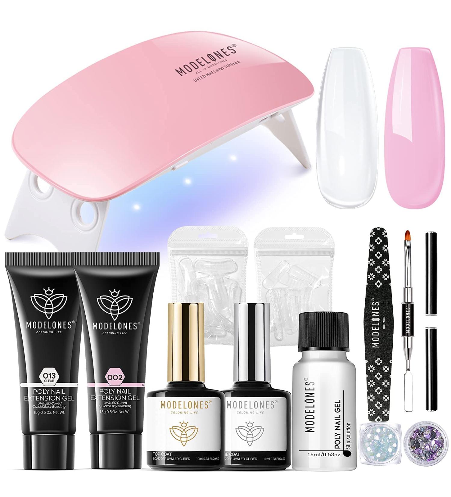 Modelones Poly Nail Gel Kit (15ML) Starter with U V Light 6W LED Nail Dryer Lamp 2 Colors Clear & Pink Gel Nail Extension Tips Kit with Top and Base Coat Natural Skin Tone Essential Manicure Tool - Buy Online on GoSupps.com