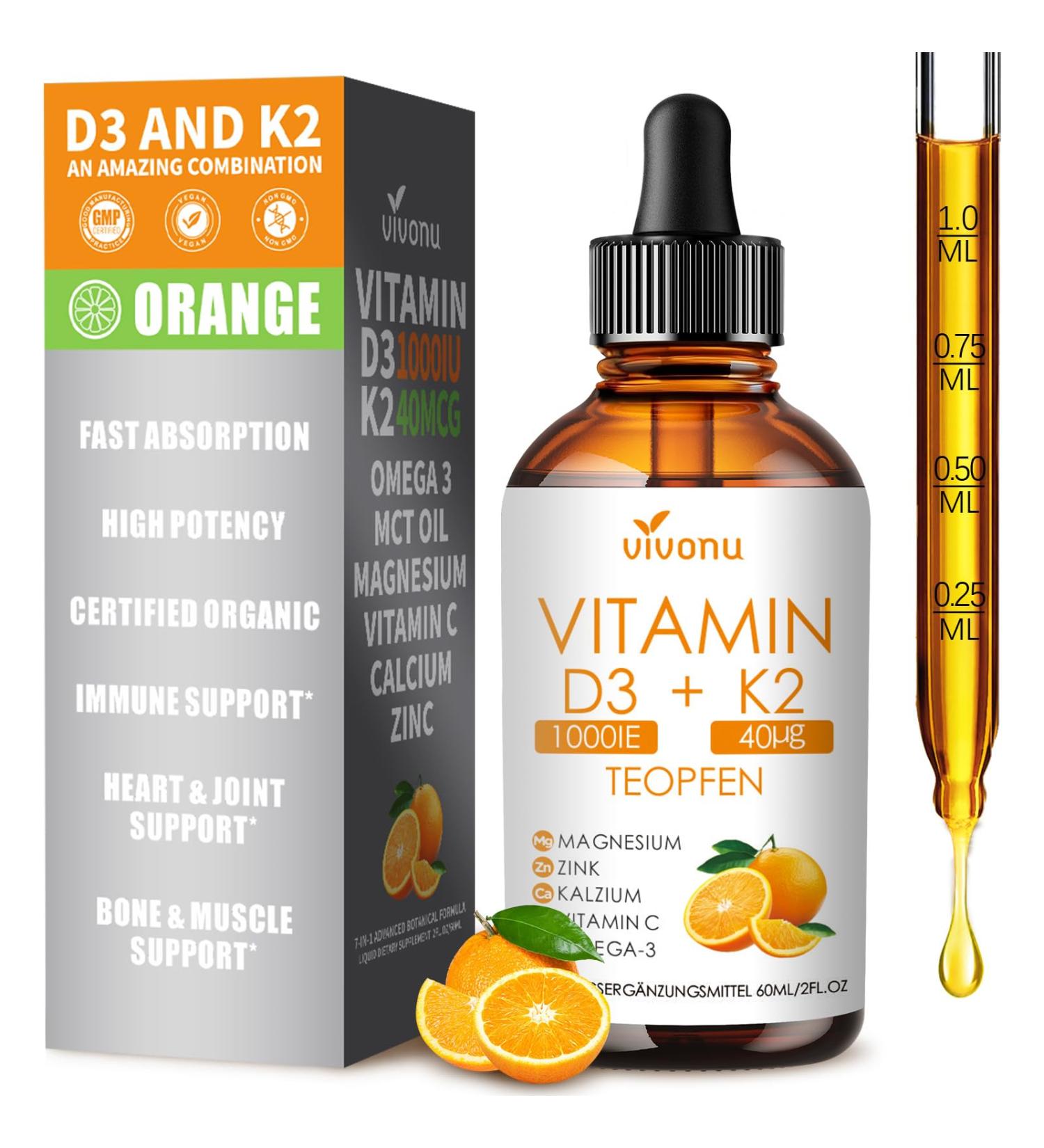 VivoNu Vitamine D3 K2 Gouttes 1000 UI D3 + K2-MK7 40 g Magn sium Bisglycinate + Vitamine C Om ga 3 et Zinc Ar me orange 60 ml - Buy Online on GoSupps.com