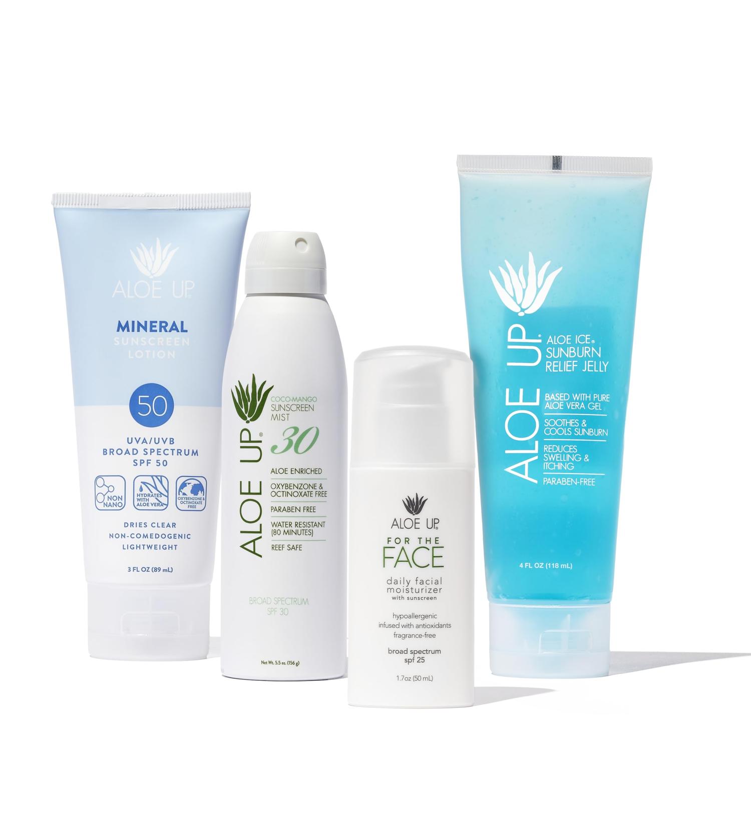 ALOE UP Suncare Bundle - Mineral Sunscreen Lotion SPF 50 White Collection Sunscreen Spray SPF 30 Aloe Ice Sunburn Relief Jelly SPF 25 Daily Moisturizer - 4 Items - Buy Online on GoSupps.com