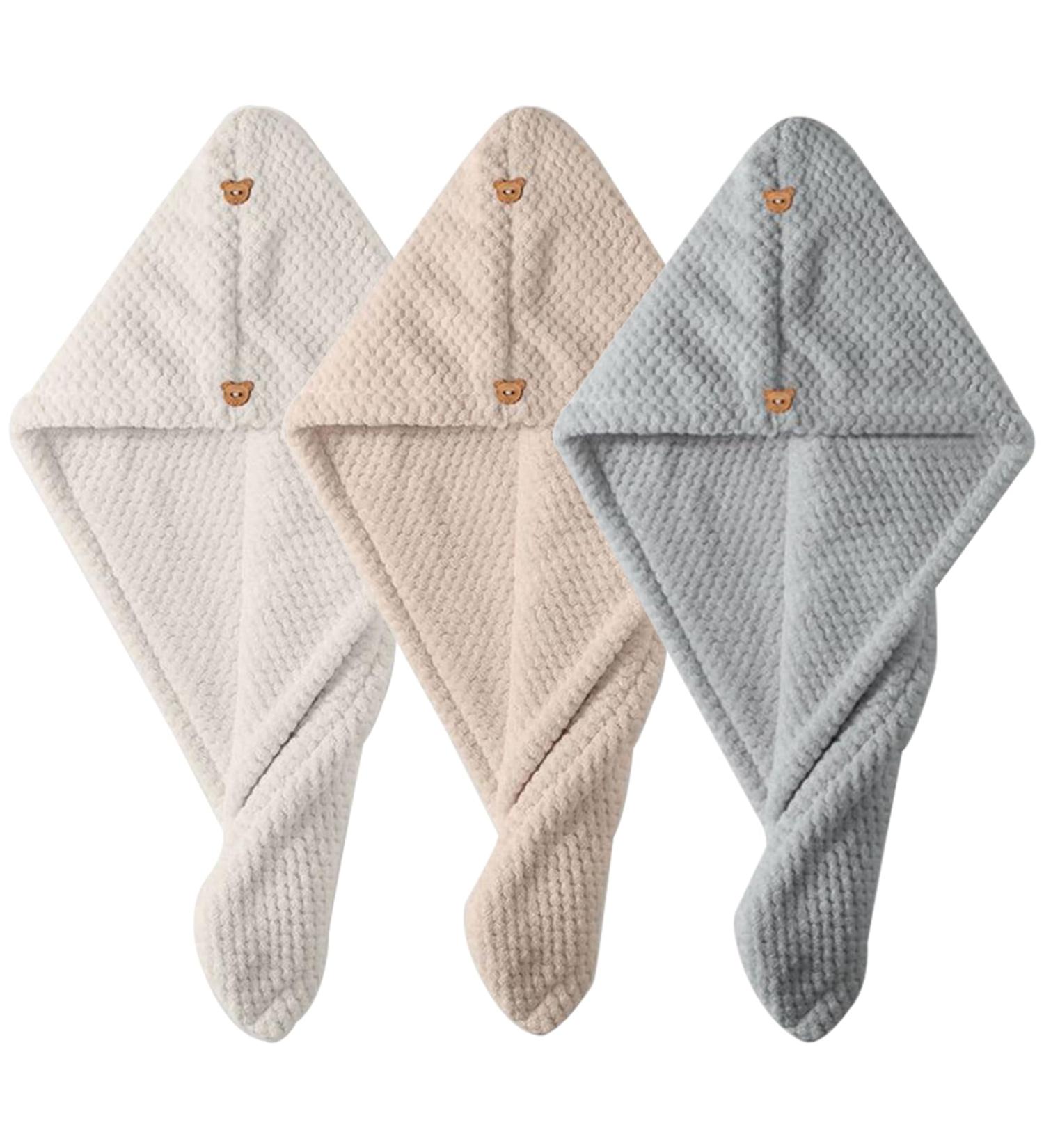 Soft Absorbent Hair Towel Wrap 3Pcs | Quick Dry Hair Turban with Cute Bear Button - 9.5x25 Inch - Buy Online on GoSupps.com