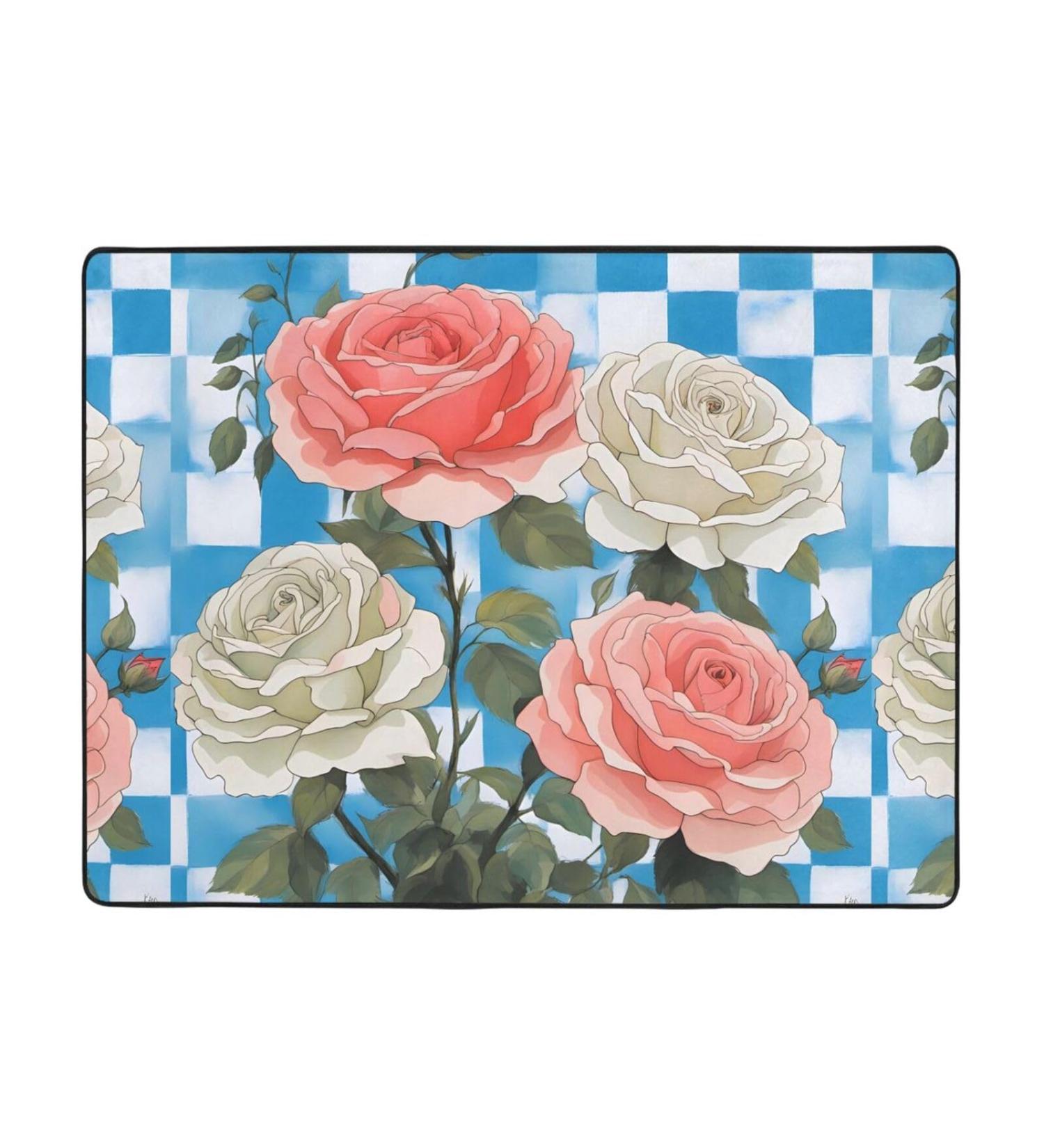 Plaid Background Roses Flannel Non-Slip Floor Mat - 63x48 Inches Comfortable & Lint-Free for Relieving Foot Pressure Ideal for Any Occasion - International Shipping Available - Buy Online on GoSupps.com
