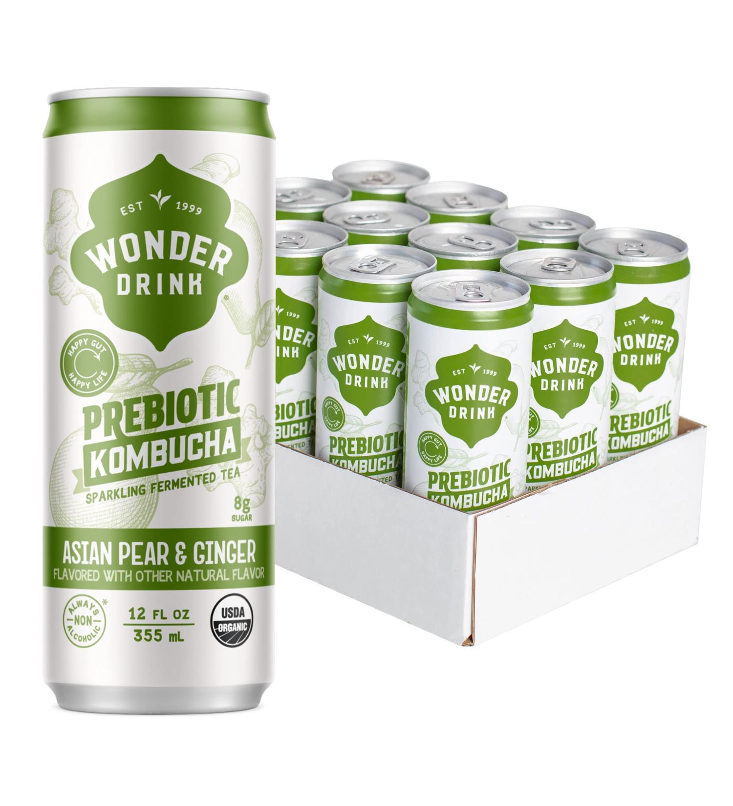 Wonder Drink Organic Kombucha Asian Pear Ginger 12oz Pack of 12 - Plant-Based Prebiotic Gut Health Sparkling Tea with Digestive Benefits - Buy Online on GoSupps.com