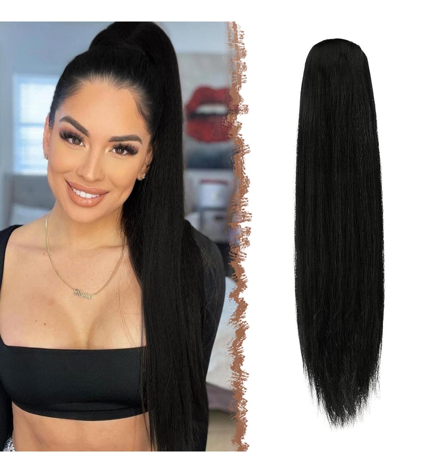 Feshfen 70cm Natural Black Drawstring Ponytail Extensions - Long Straight Braid for Women | Synthetic Smooth Hair - Buy Online on GoSupps.com