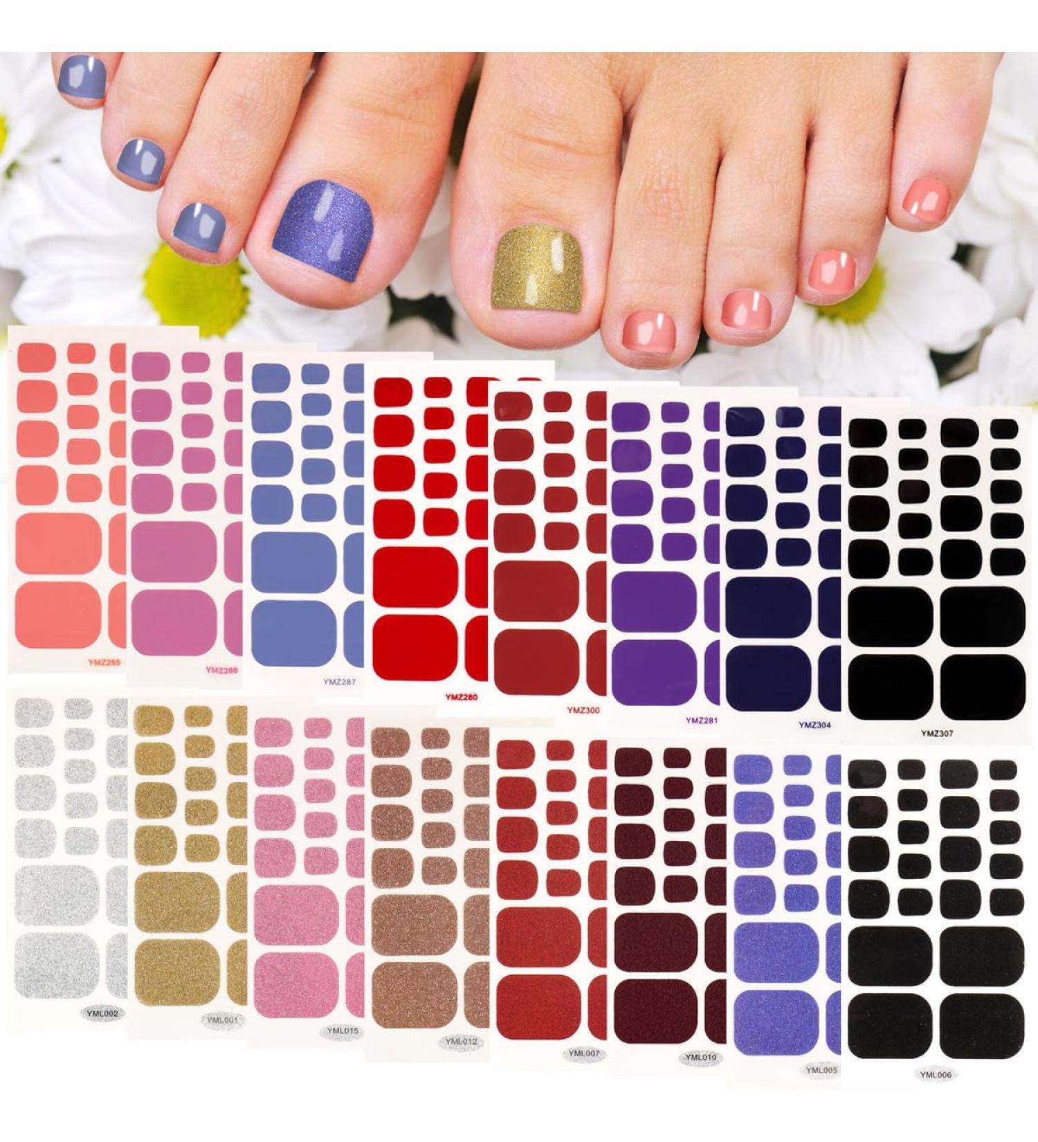 16 Sheets Toe Nail Stickers Full Toe Nail Wraps Self Adhesive Glitter Toenail Stickers Red Silver Black Pink Blue Purple Orange - Buy Online on GoSupps.com