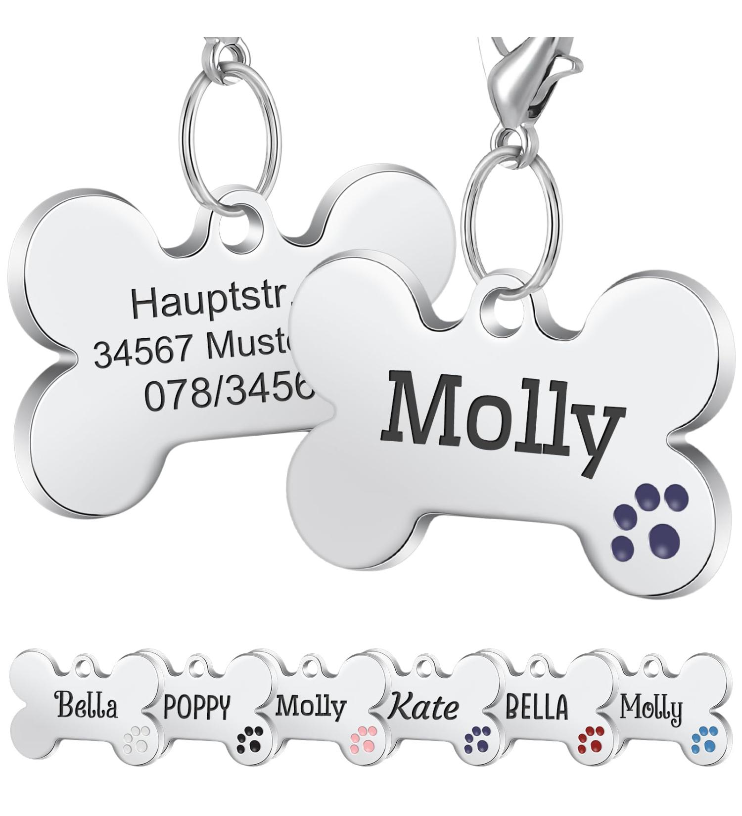 Nibana 2 Pack Personalized Pet ID Tags Dog Name Tags Engraved on Both Sides 4 Lines of Custom Text Paw Print Bone Pet Tag for Dogs Cats (Purple) - Buy Online on GoSupps.com