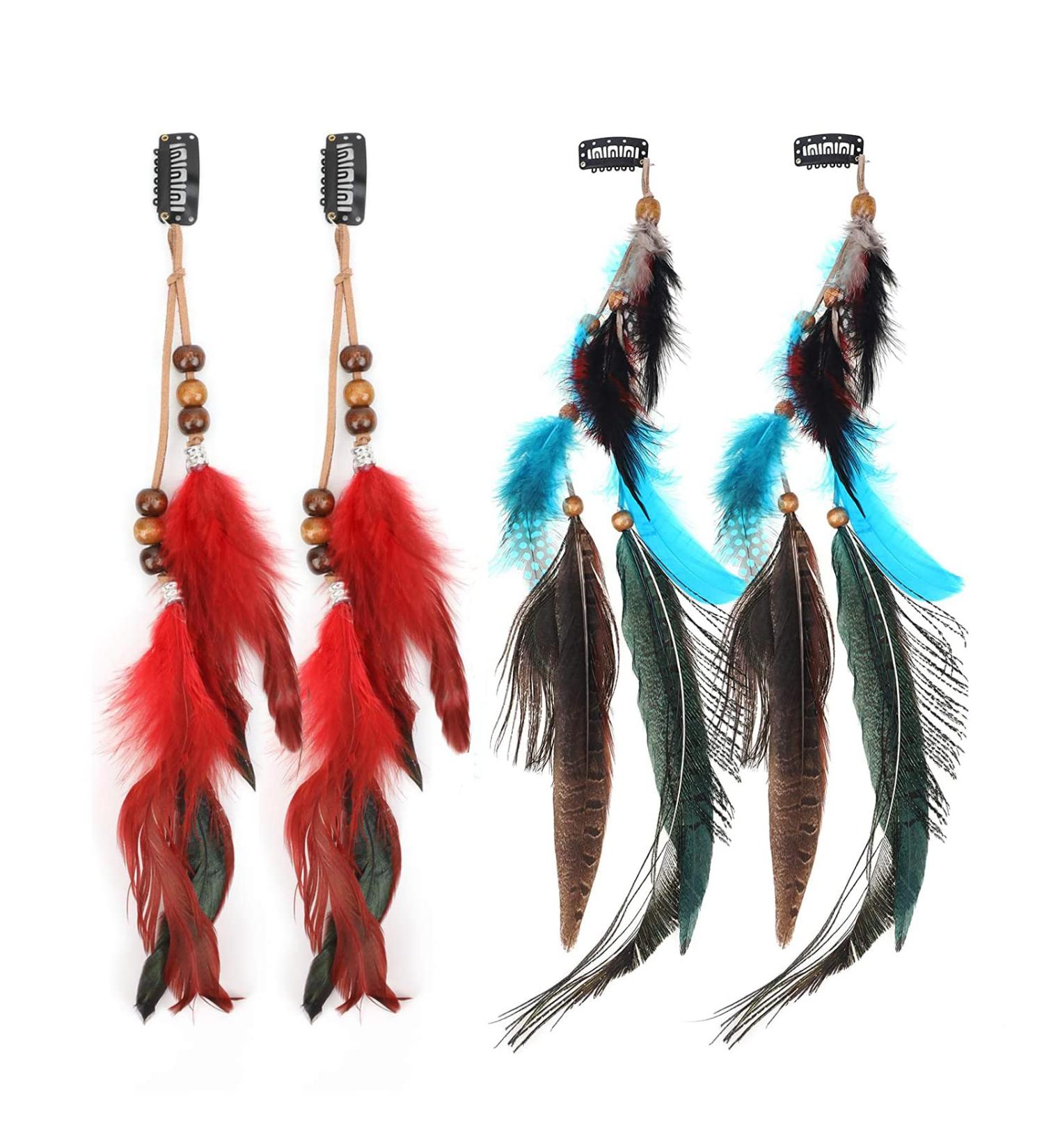 MWOOT 4Pcs Clip In Feather Hair Extensions Peacock Feathers Extension for Women Halloween Costume Carnival Cosplay Party Headdress Handmade Bohemian Hippie Hair Clip Red Feather Clips - Buy Online on GoSupps.com