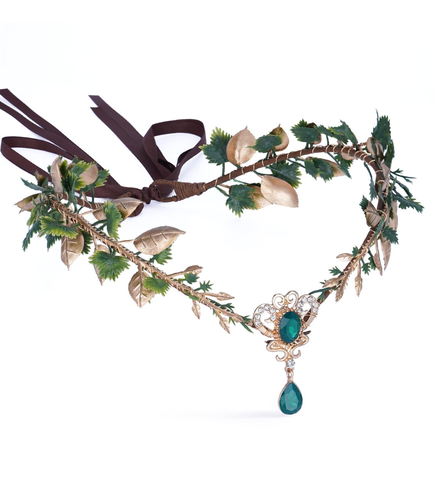 MOSTORY Gold Elf Leaves Circlet for Women Green Crystal V-shape Crown for Womens Woodland Fairy Floral Headpiece for Wedding Birthday Party Queen Cosplay Hair Accessory Halloween Renaissance - Buy Online on GoSupps.com