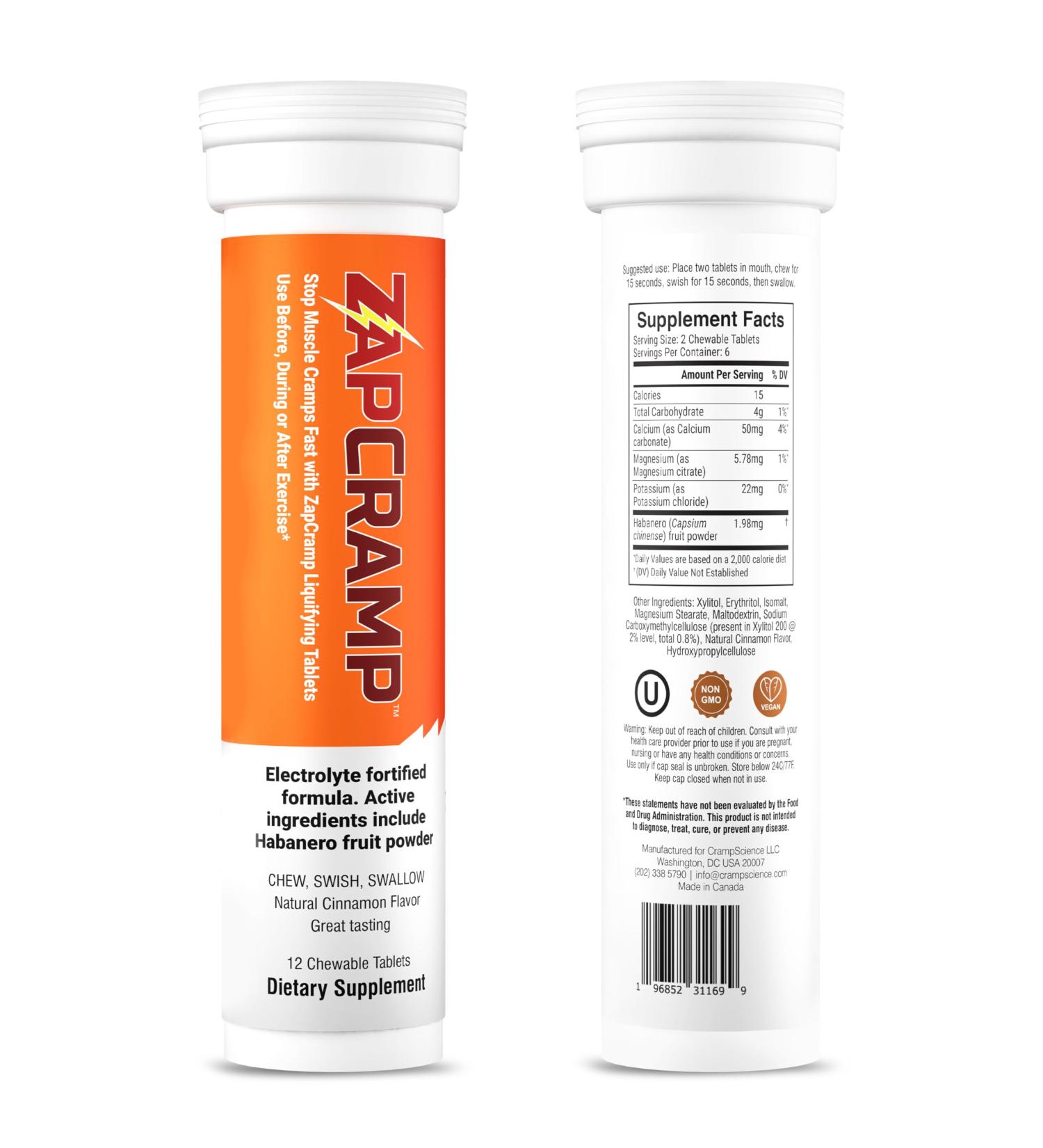 Muscle Cramp Relief Tablets - Chewable Electrolyte Formula for Body & Leg Cramps - Spicy Cinnamon Flavor - 12 Tablets (6 Doses) - International Shipping Available - Buy Online on GoSupps.com