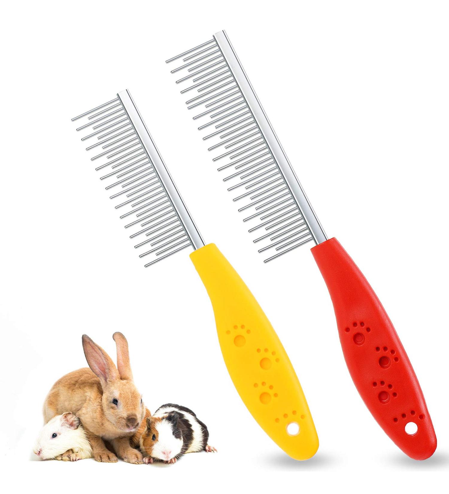Pet Hair Buster Comb - Stainless Steel Small Animal Grooming Comb for Rabbits, Hamsters, Guinea Pigs - Red and Yellow - 2 Pieces - Buy Online on GoSupps.com