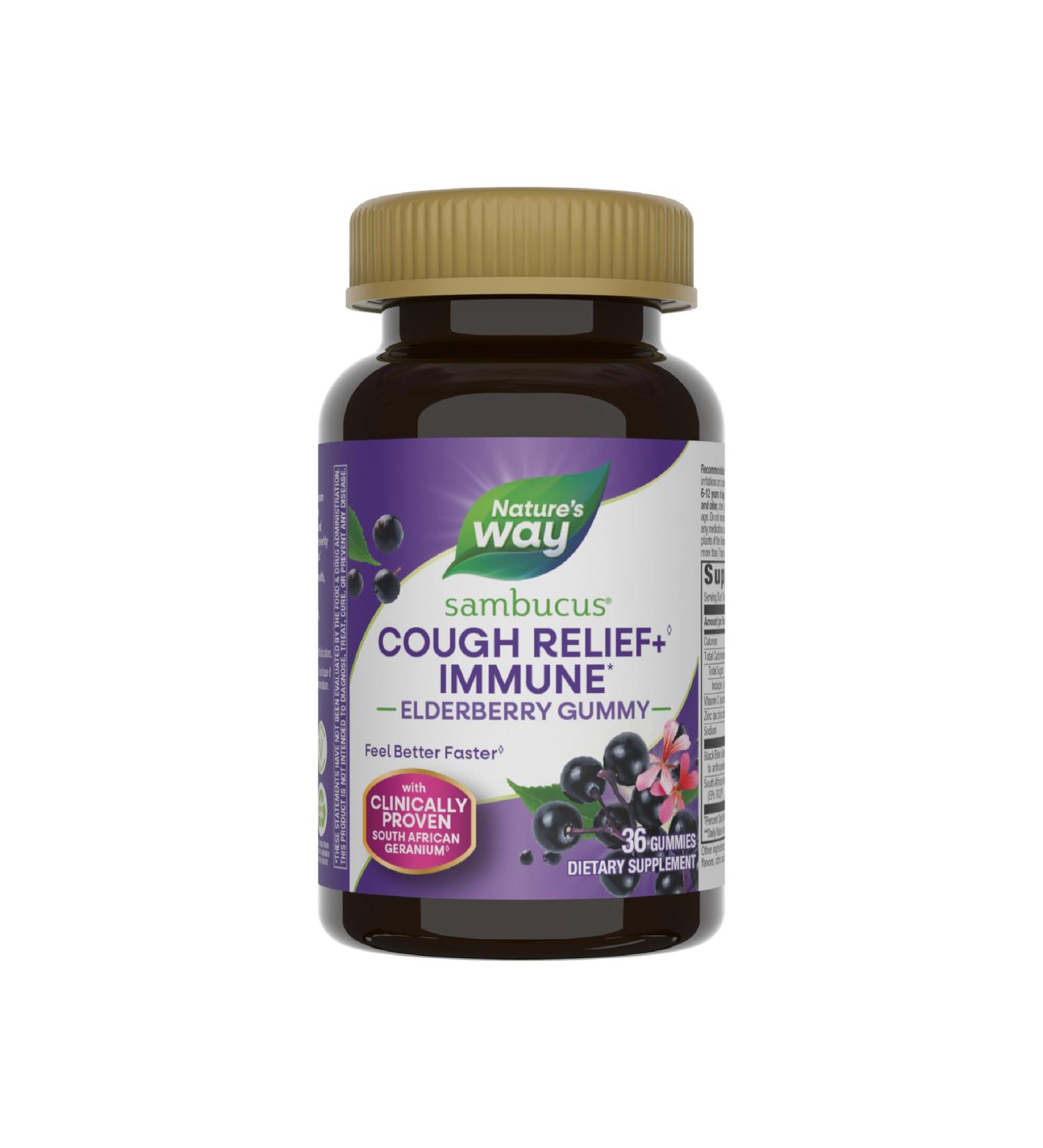 Nature's Way Sambucus Cough Relief +(1) Immune* Elderberry Gummy Clinically Proven South African Geranium Root Extract(1) Elderberry Extract Vitamin C & Zinc 36 Gummies (Packaging May Vary) 36 Count - Buy Online on GoSupps.com