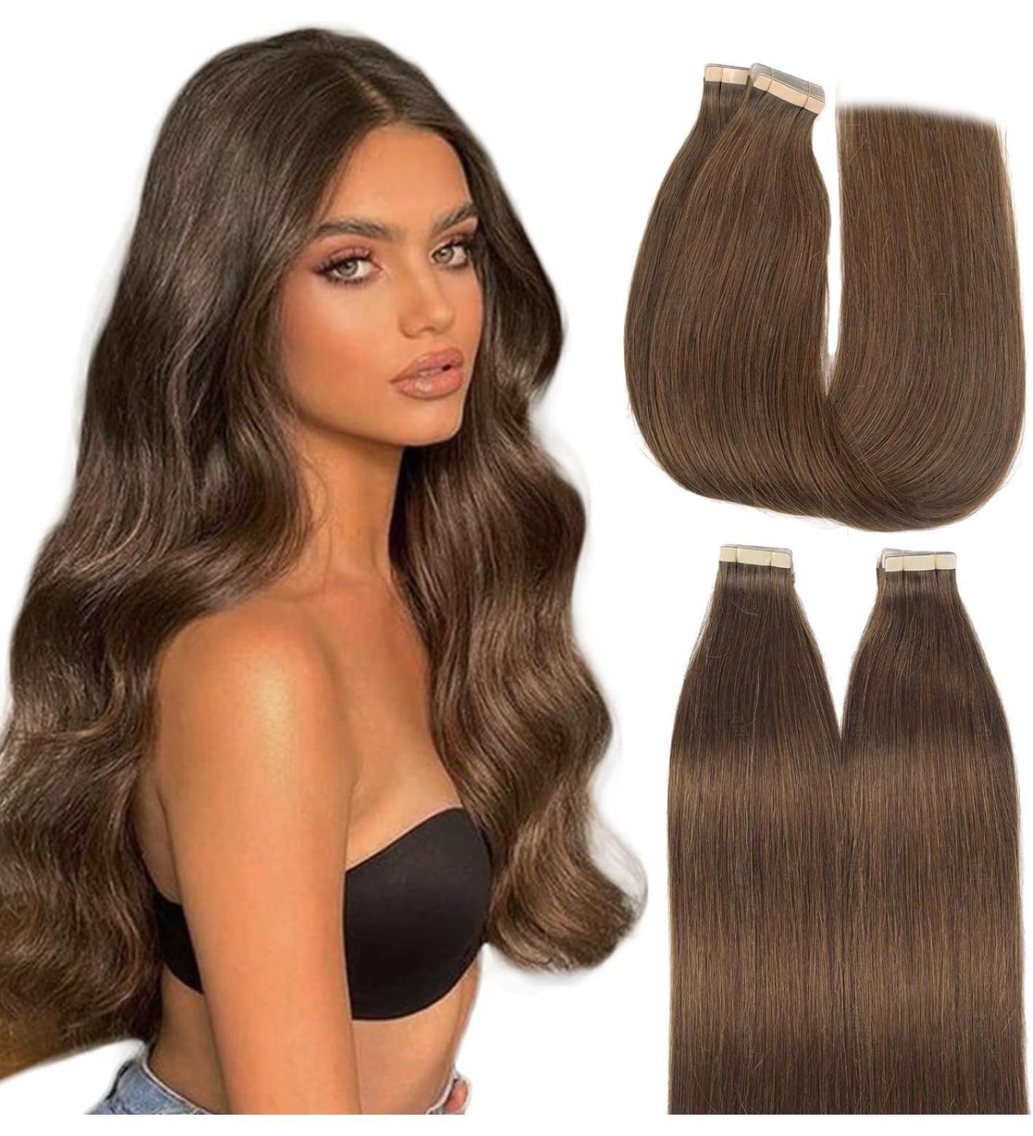 Hotlulana 24-Inch Chocolate Brown Tape In Extensions - 100% Natural Real Hair 50g 20 Pack #4 - Buy Online on GoSupps.com
