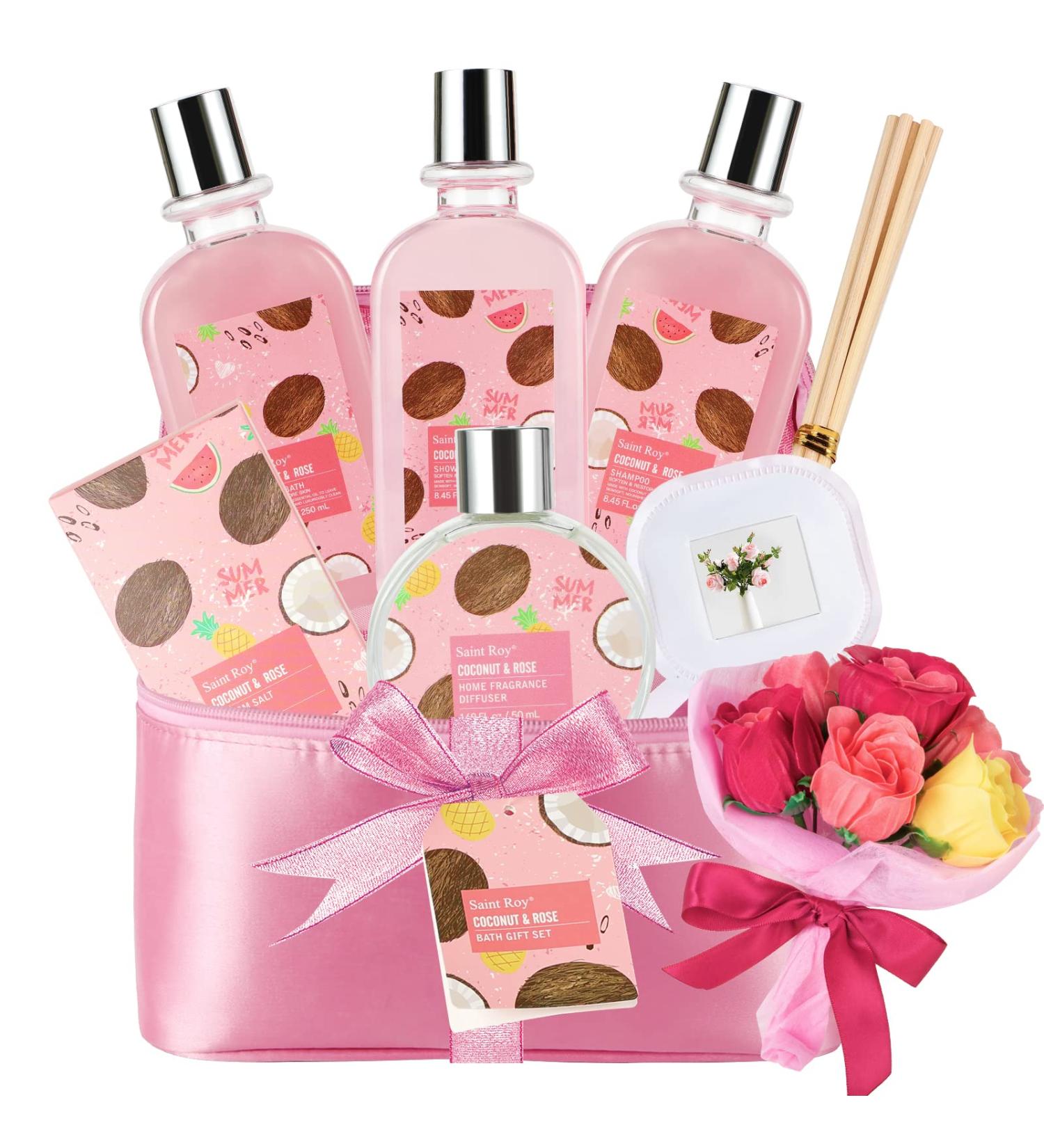 Coconut Spa Gift Basket for Women - Teen Bath Kit 8Pcs - Beautiful Birthday Gift for Her with Bubble Bath, Reed Diffuser Oil, Rose Soap Flower - Buy Online on GoSupps.com