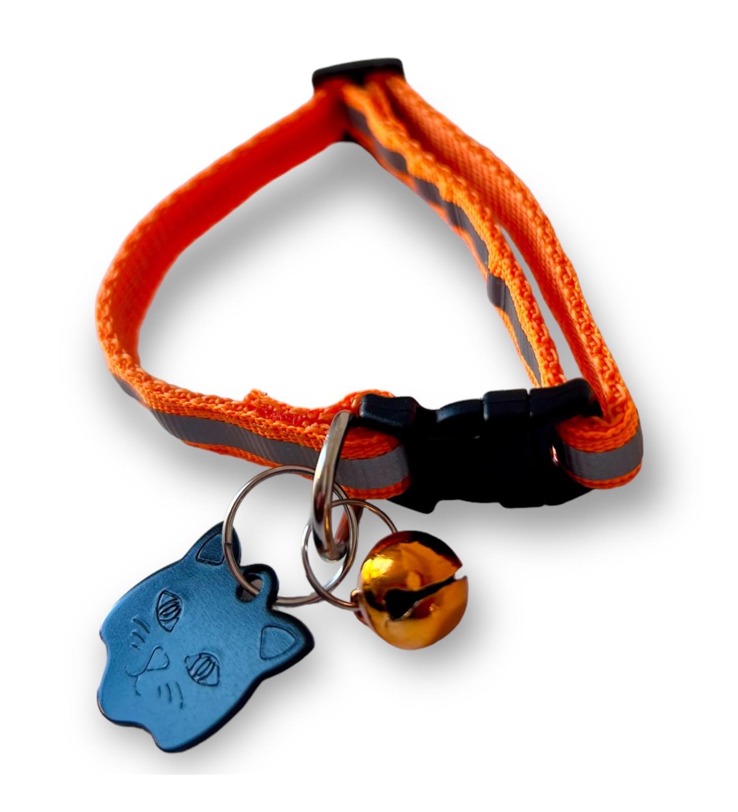 MHS Cat ID Tag Reflective Cat Collar with Bell Cat Tags for Pets Engraved ID Tag Personalised Cat Name Tags Customised Cat ID Tags (Black Tag + Orange Collar) - Buy Online on GoSupps.com