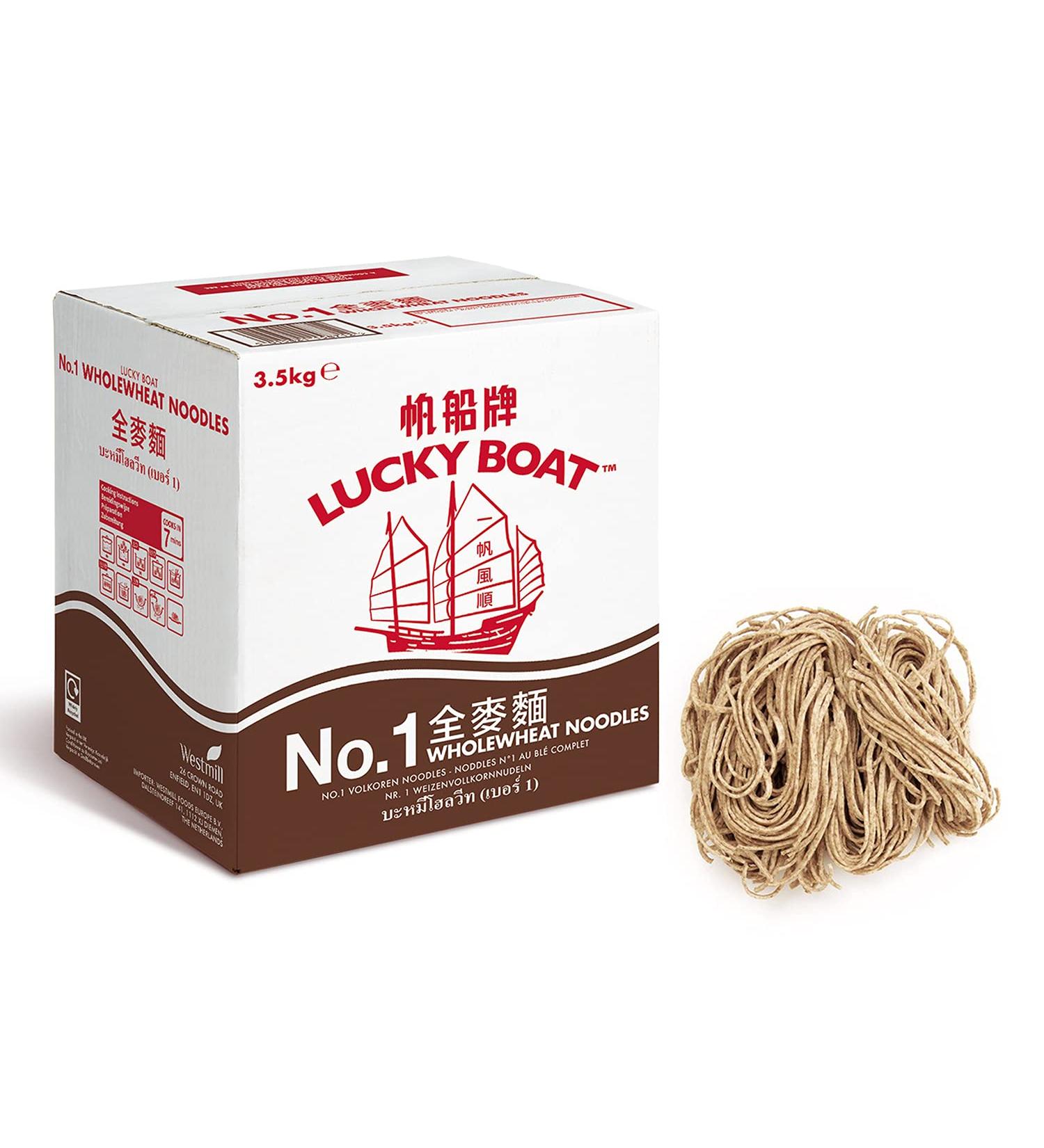 Lucky Boat Wholewheat Chow Mein Noodles 3.5KG - Source of Fibre - Bulk Chinese Noodles for Stir Fry - 3.5kg Pack - Buy Online on GoSupps.com