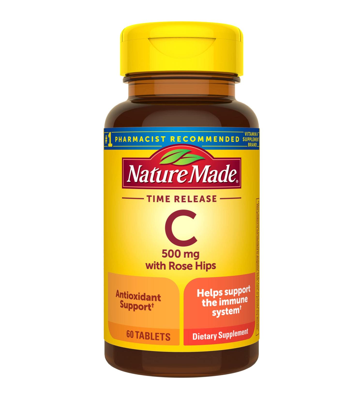 Nature Made Vitamin C 500mg with Rose Hips | Immune Support Dietary Supplement | 60 Time Release Tablets | 60 Day Supply - Buy Online on GoSupps.com