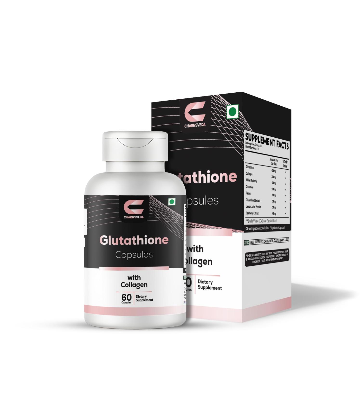 CHARMSVEDA Glutathione Capsules with Collagen White Mulberry & Herbal Extracts Support Skin Health Support Joint & Muscle Health Overall Wellness & Immune Support* 60 Vegan Capsules - Buy Online on GoSupps.com