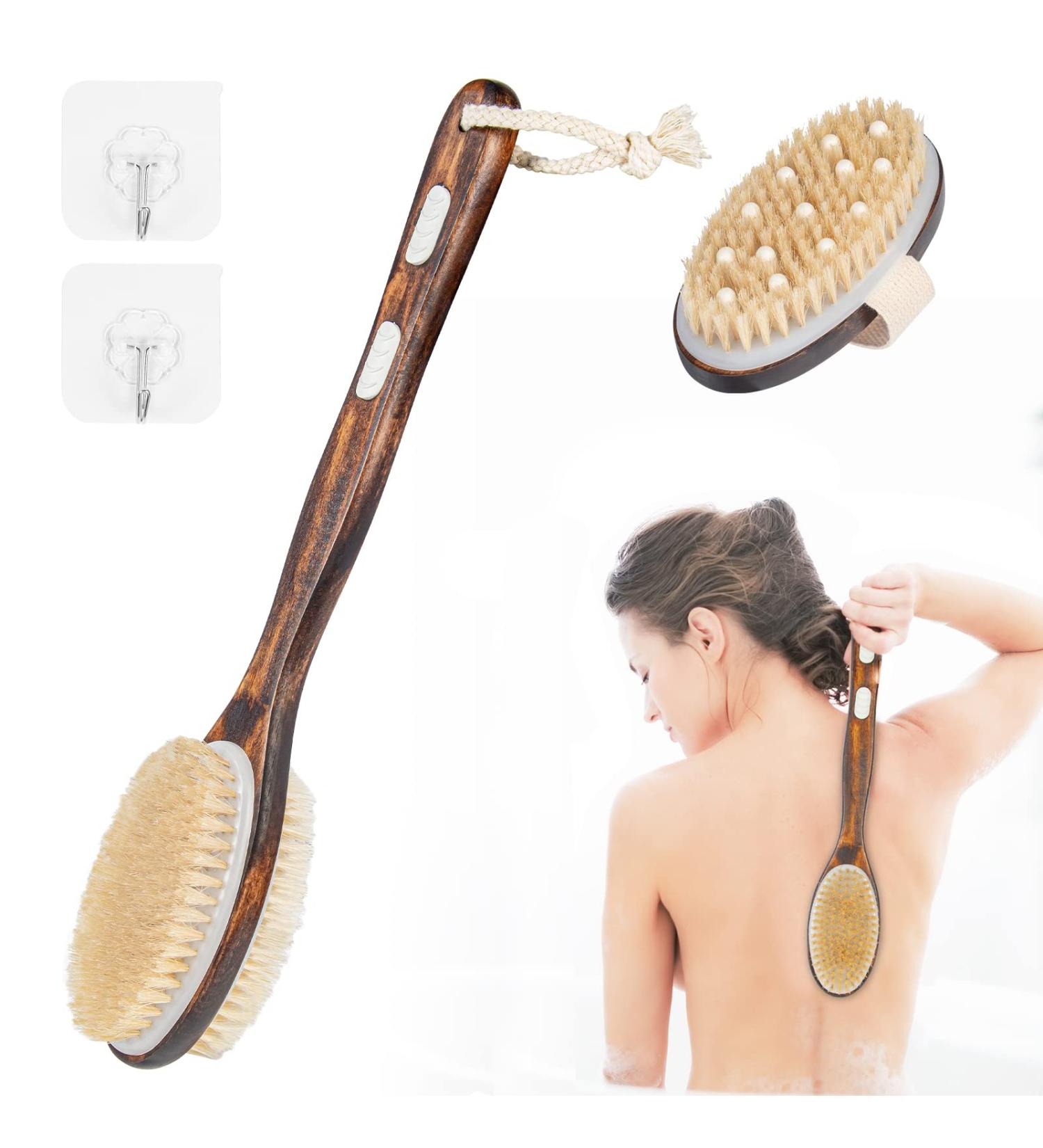 2 Set Back Bathing Brush with Long Stem - Natural Bristles Body Brush for Exfoliating Cellulite Reduction & Lymphatic Health - International Shipping - Buy Online on GoSupps.com