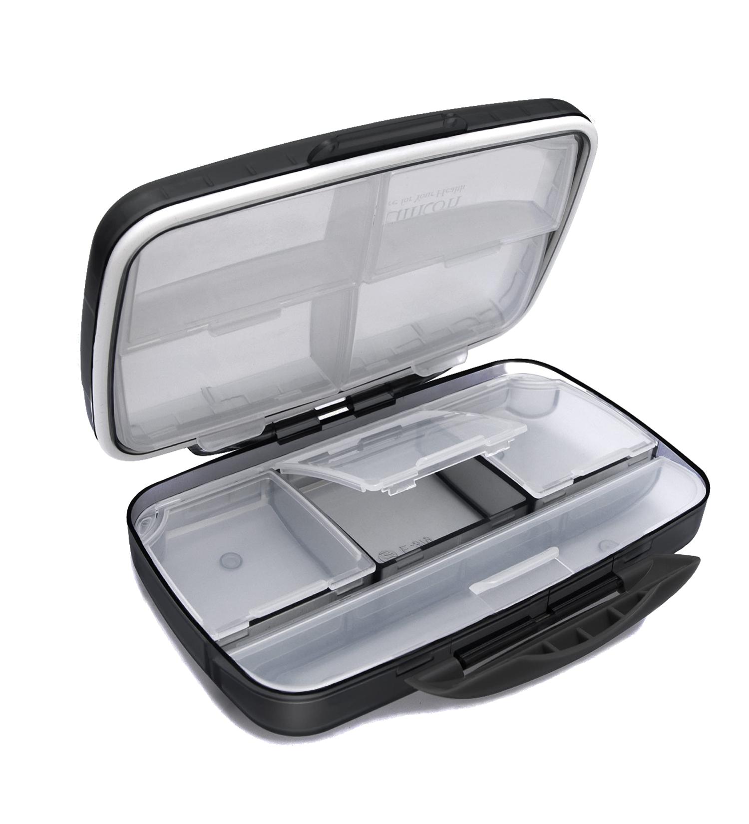Travel Pill Organizer Oversize 8 Compartment - Portable Medication Box for Vitamins - Airtight & Moistureproof - Black Large - Buy Online on GoSupps.com