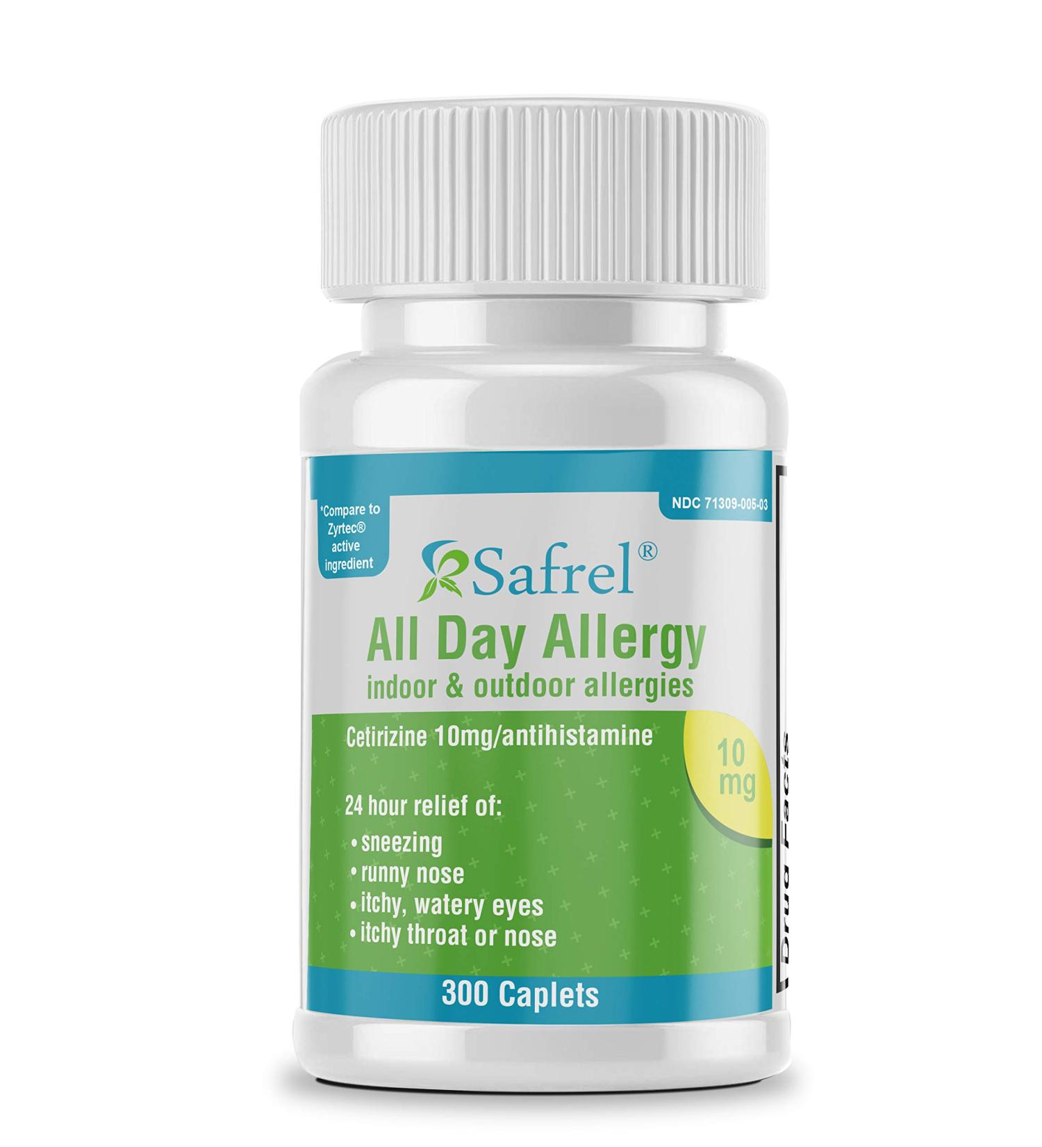 Safrel Cetirizine HCl 10mg 300 Tablets - Fast Allergy Relief | 24 Hour Antihistamine for Hay Fever & Allergies | Generic Zyrtec - Buy Online on GoSupps.com