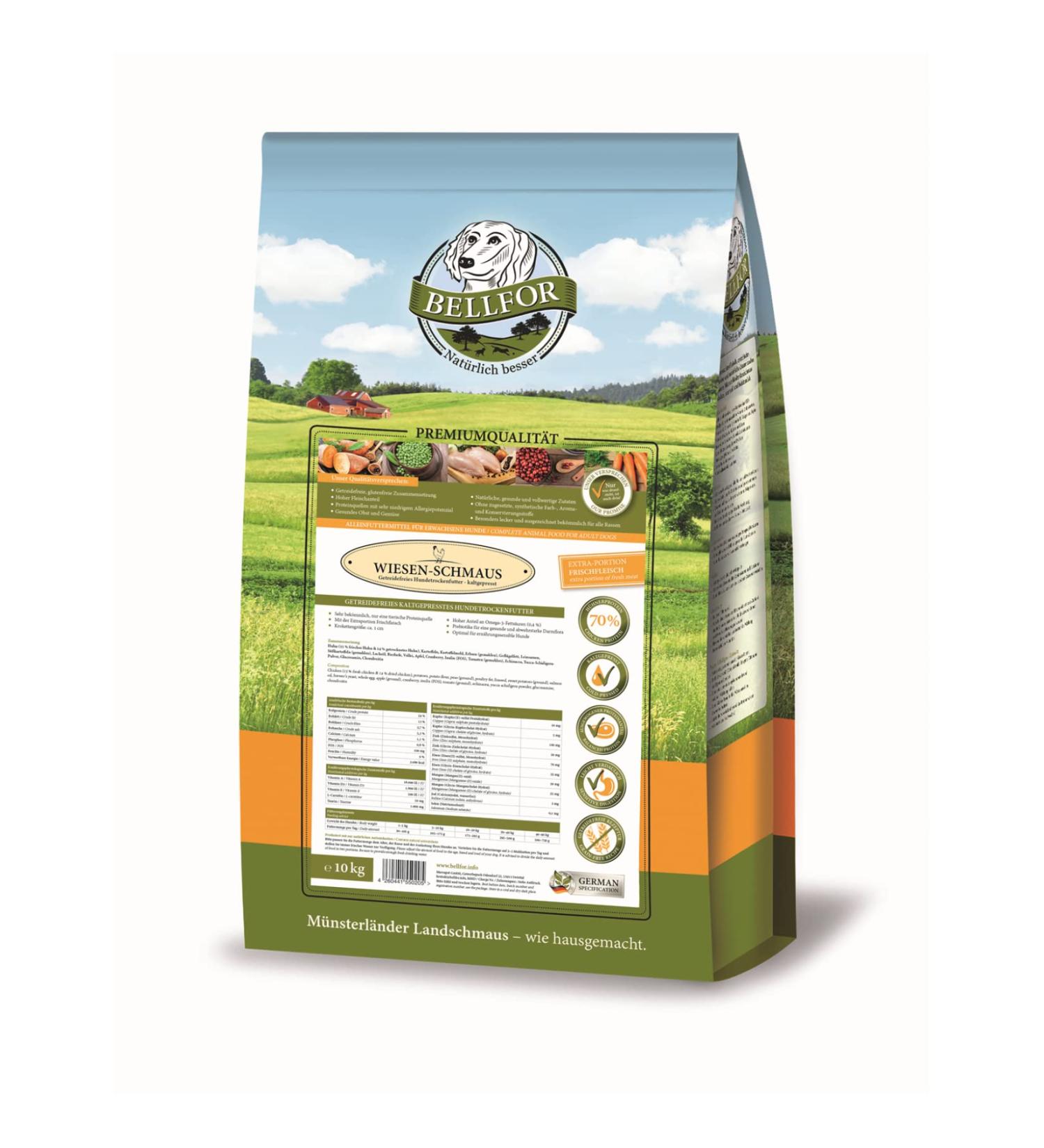 Bellfor Wiesen-Schmaus Cold-Pressed Dry Food for Dogs Grain-Free with Fresh Chicken 71% Rich in Omega-3 Vitamins and Prebiotics 10 kg - Buy Online on GoSupps.com